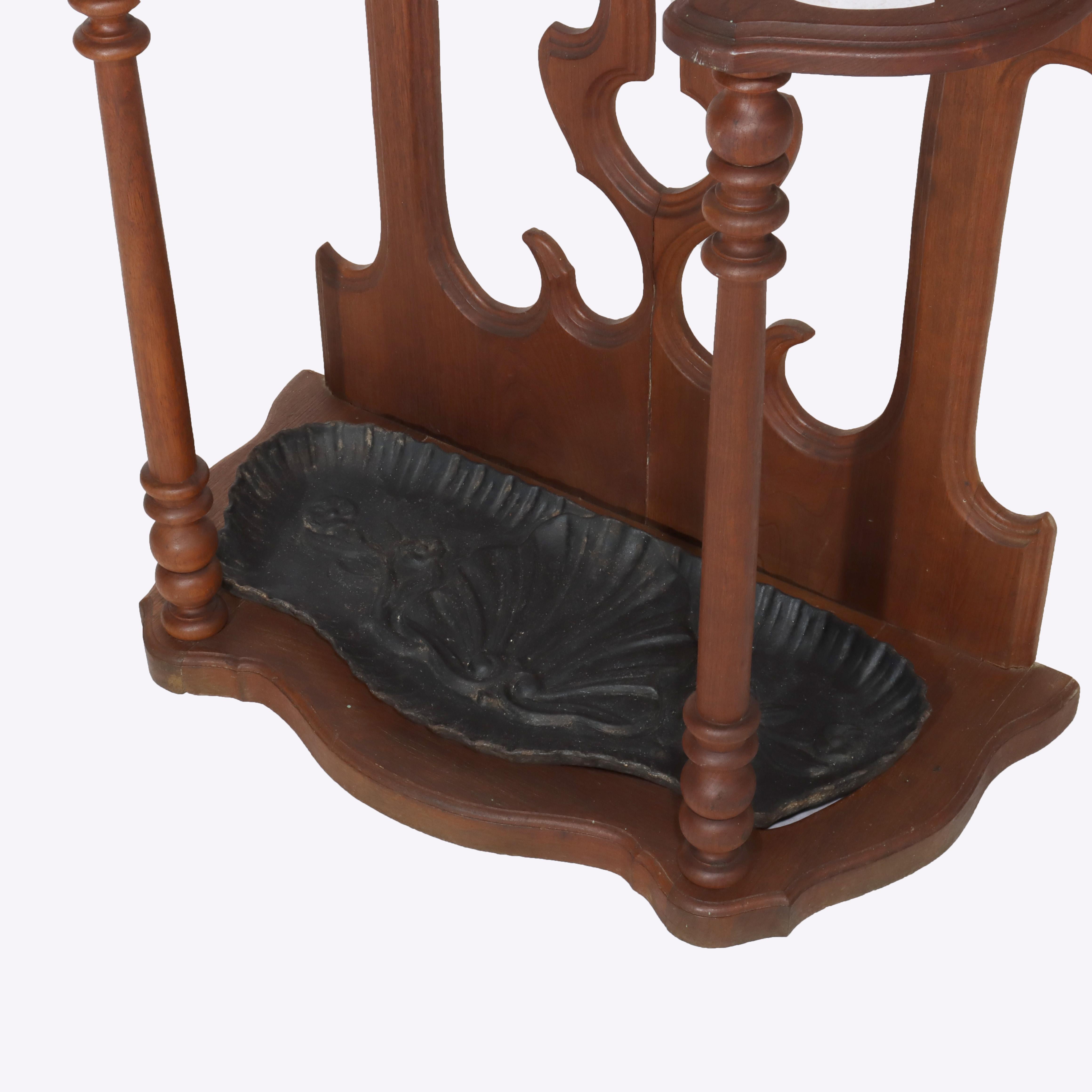 Antique Victorian Gothic Mirrored Walnut Hall Tree With Umbrella Stand c1890 For Sale 4