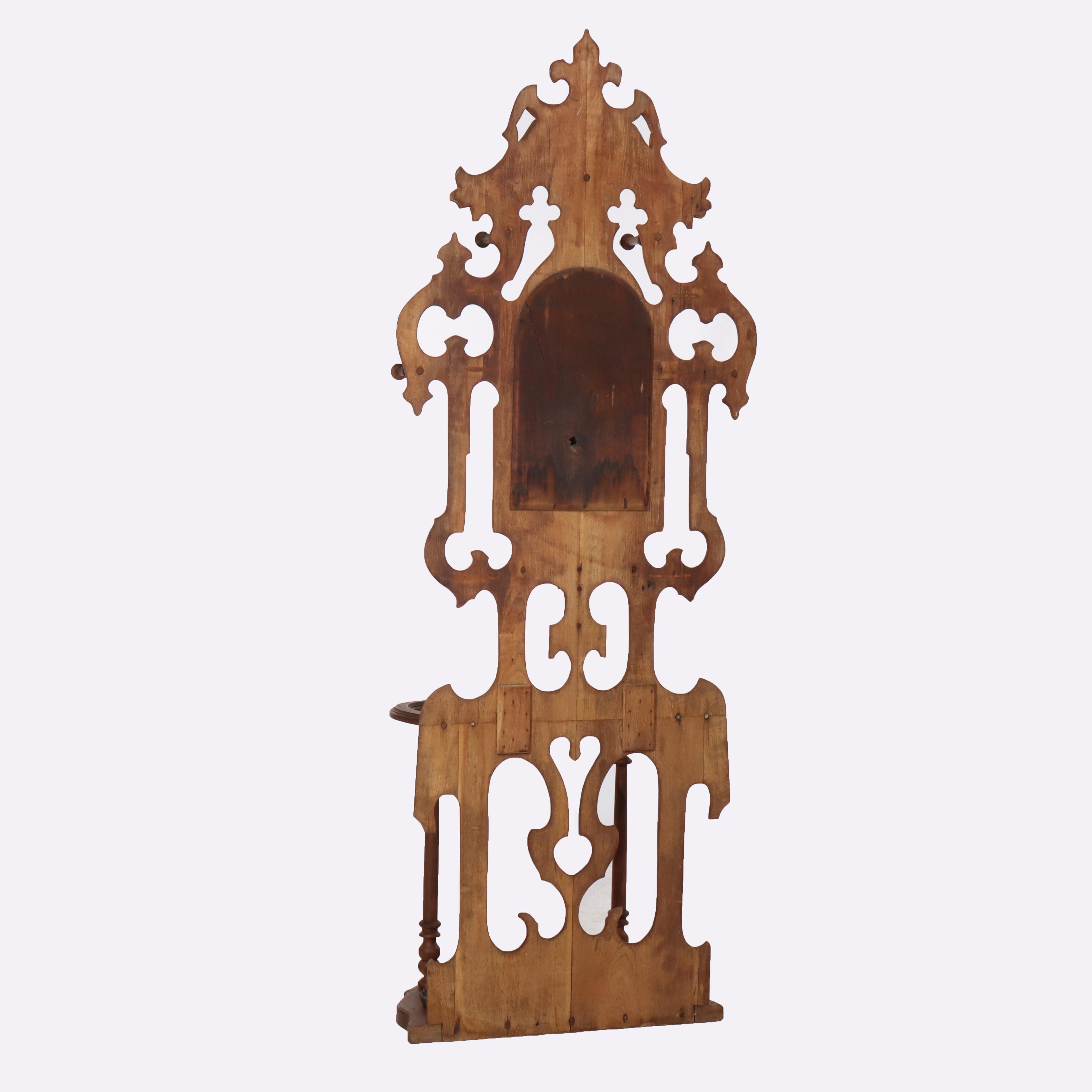 Antique Victorian Gothic Mirrored Walnut Hall Tree With Umbrella Stand c1890 For Sale 5