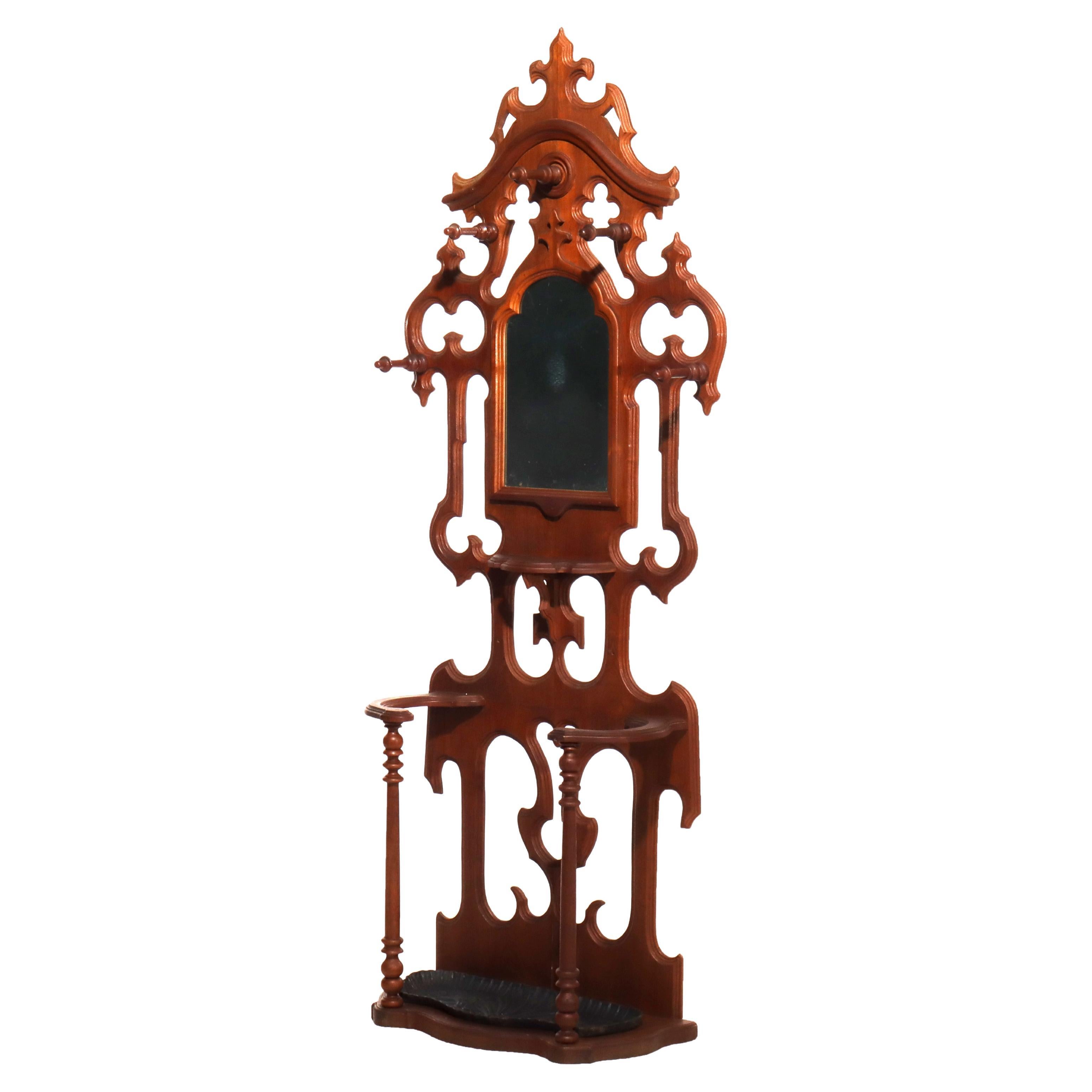 Antique Victorian Gothic Mirrored Walnut Hall Tree With Umbrella Stand c1890 For Sale