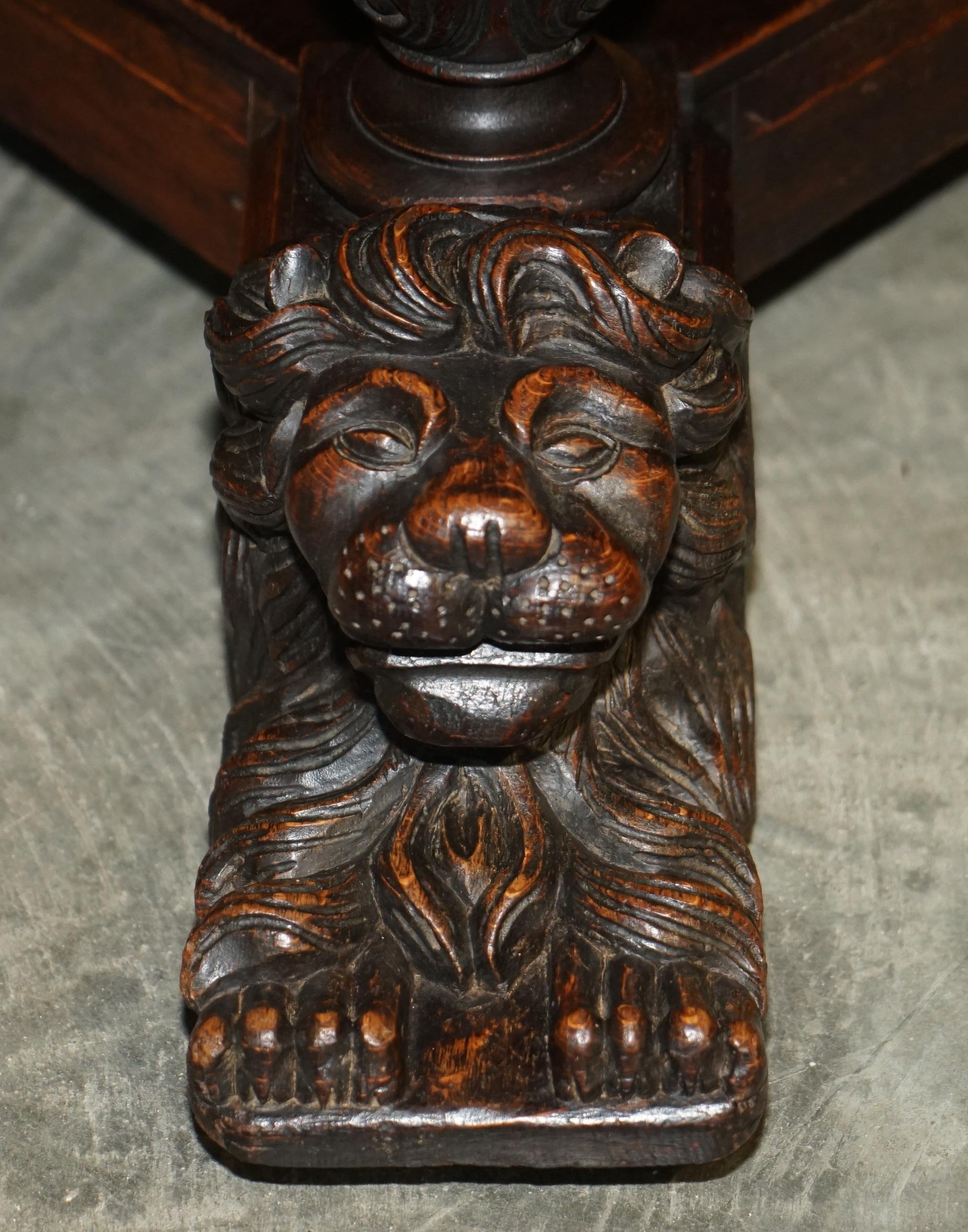 Antique Victorian Gothic Revival Hand Carved Recumbent Lion Library Centre Table For Sale 4