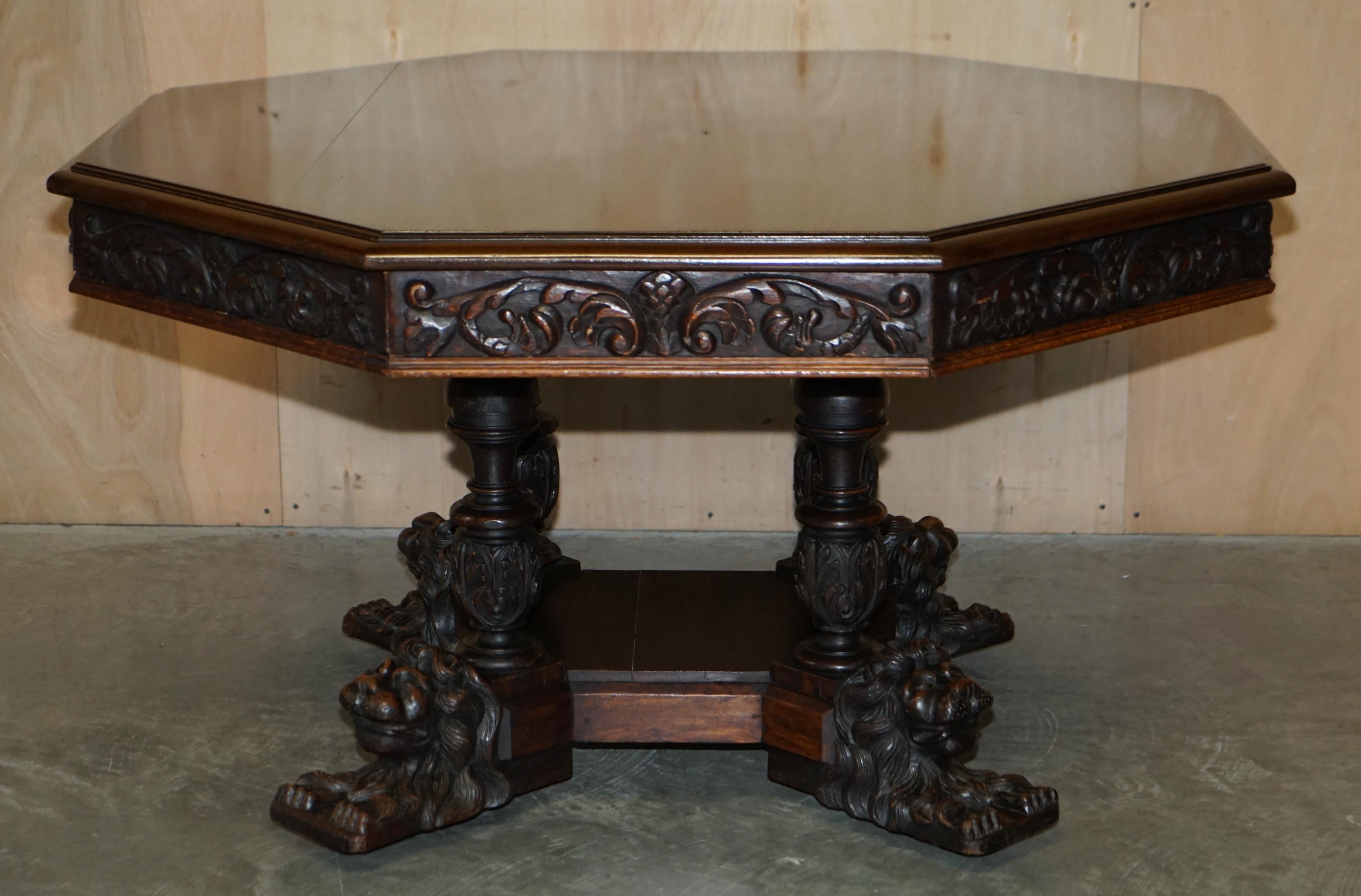 Antique Victorian Gothic Revival Hand Carved Recumbent Lion Library Centre Table For Sale 11