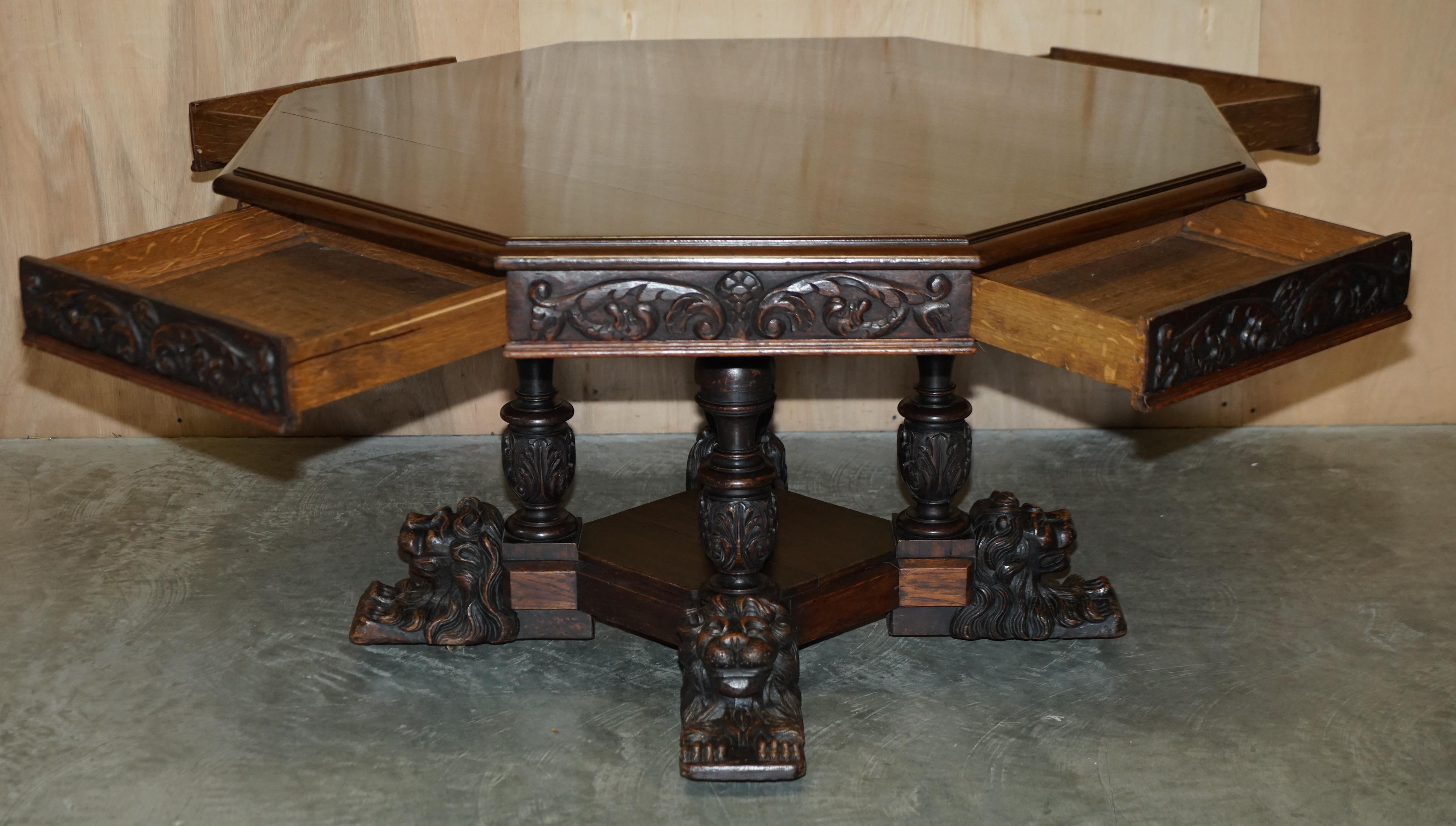 Antique Victorian Gothic Revival Hand Carved Recumbent Lion Library Centre Table For Sale 12