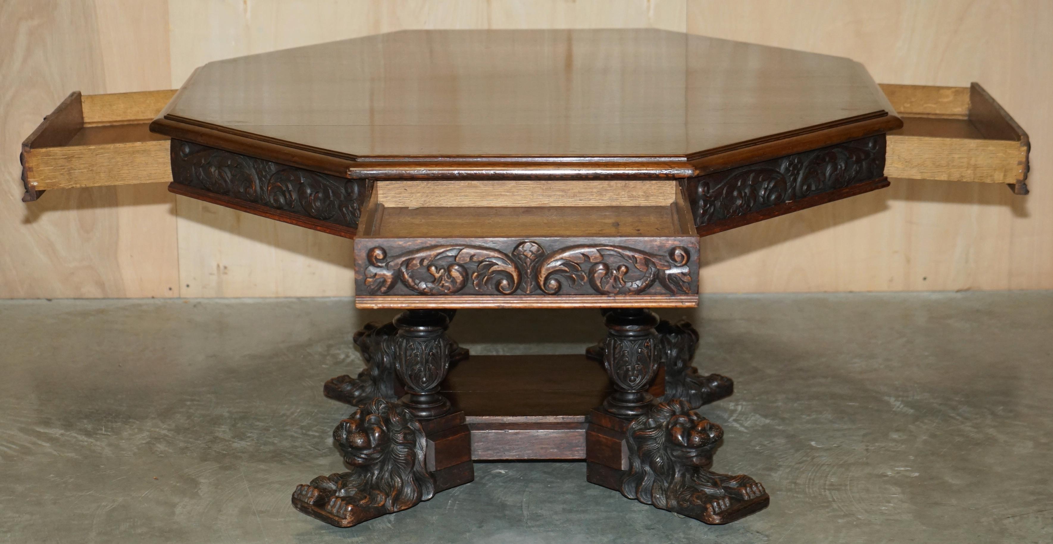 Antique Victorian Gothic Revival Hand Carved Recumbent Lion Library Centre Table For Sale 13