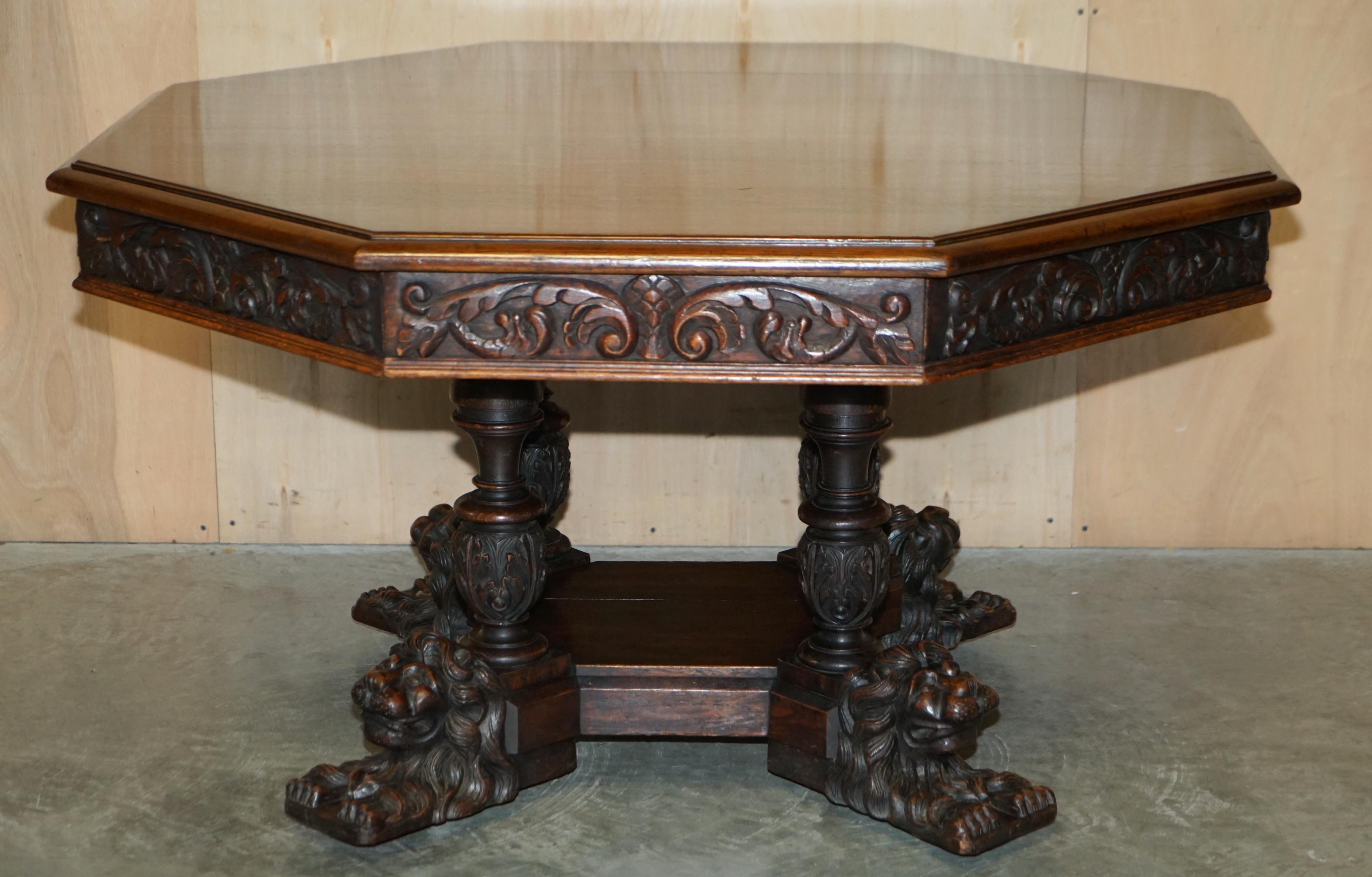 We are delighted to offer for sale this absolutely stunning, Victorian circa 1860 hand carved English oak centre table with recumbent lion legs

A very good looking well made and decorative piece, hand carved in solid oak, the legs are some of the