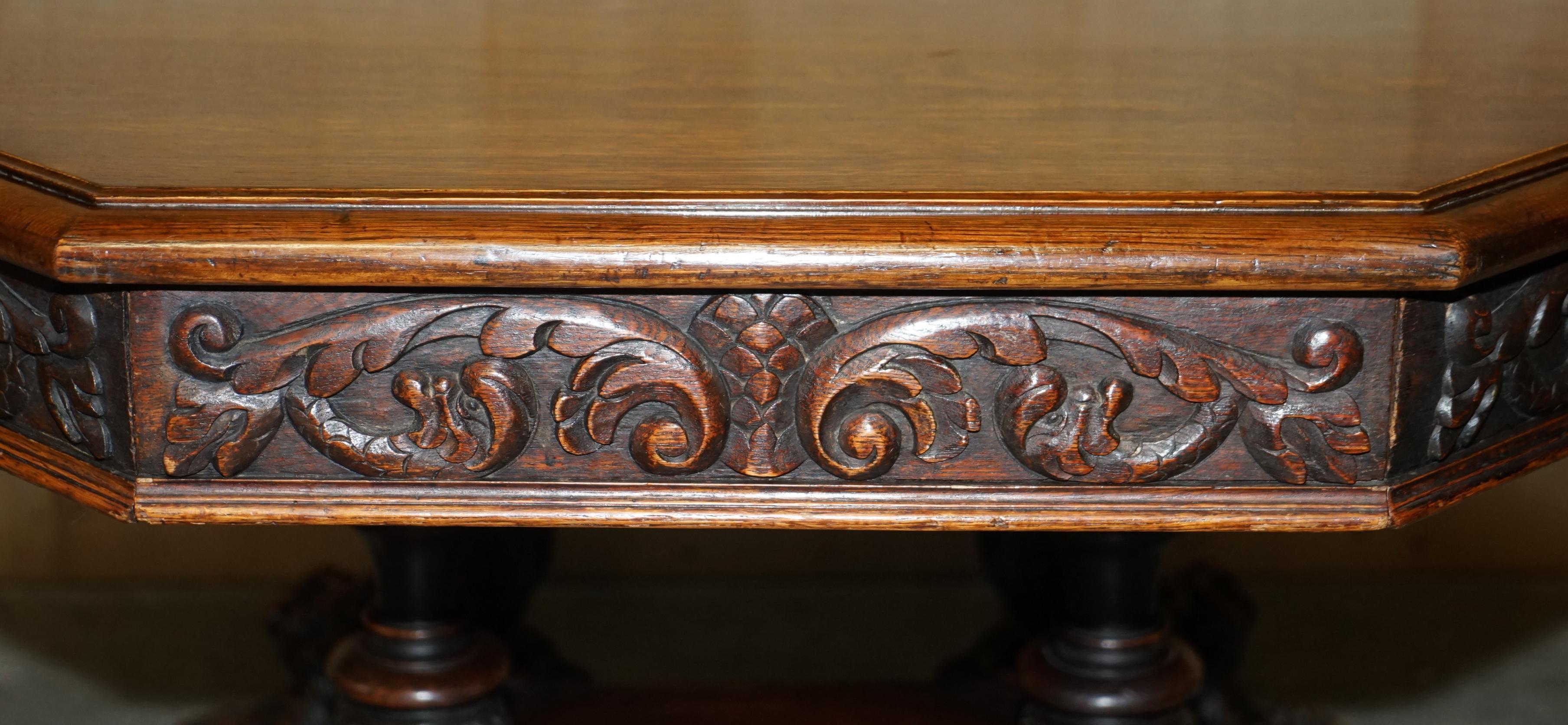 English Antique Victorian Gothic Revival Hand Carved Recumbent Lion Library Centre Table For Sale