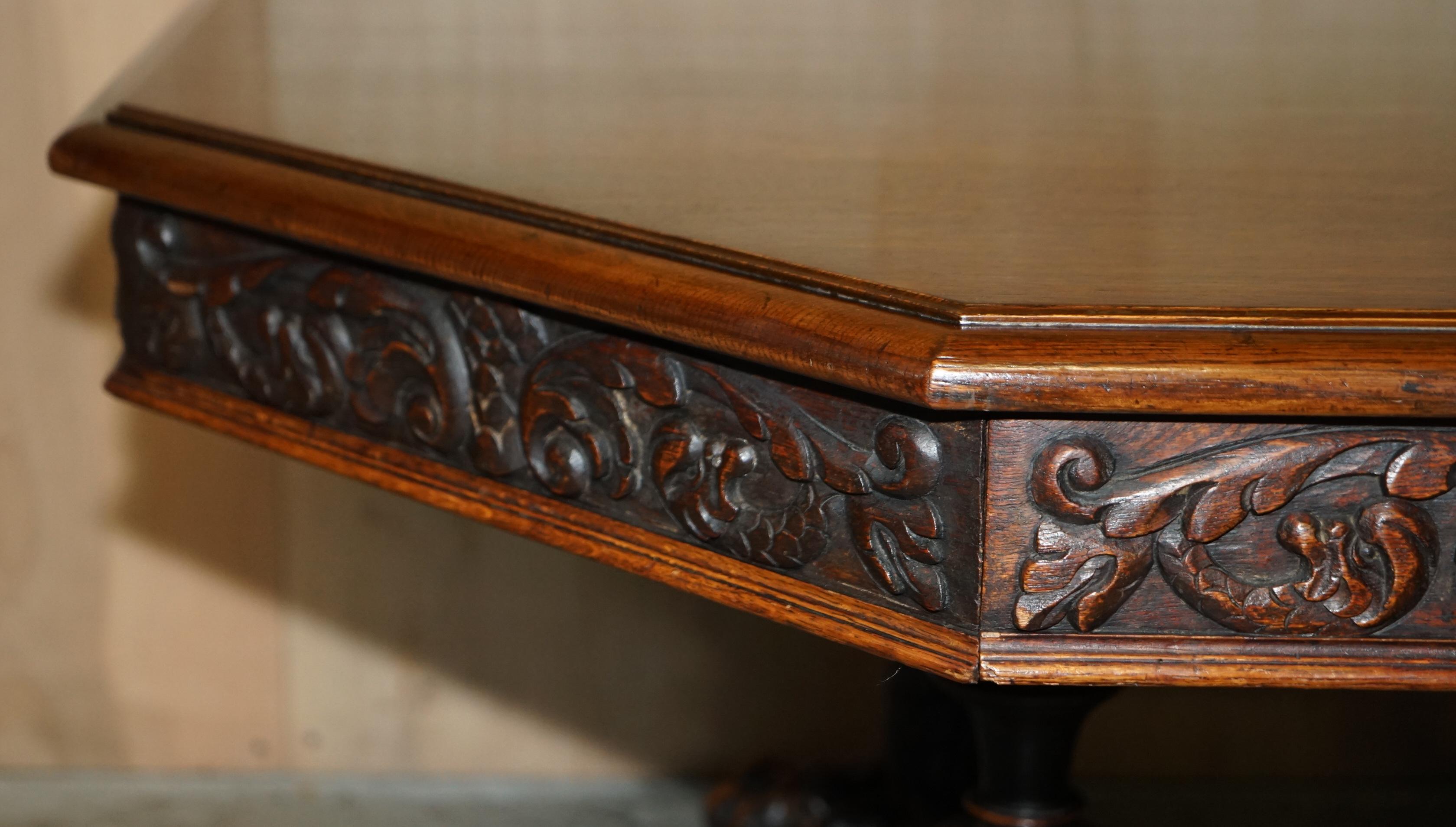 Hand-Crafted Antique Victorian Gothic Revival Hand Carved Recumbent Lion Library Centre Table For Sale