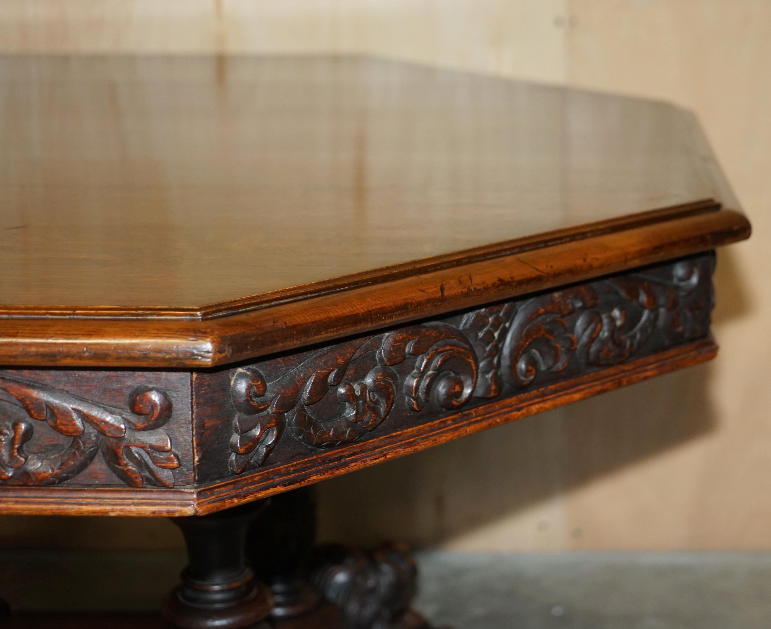 Mid-19th Century Antique Victorian Gothic Revival Hand Carved Recumbent Lion Library Centre Table For Sale