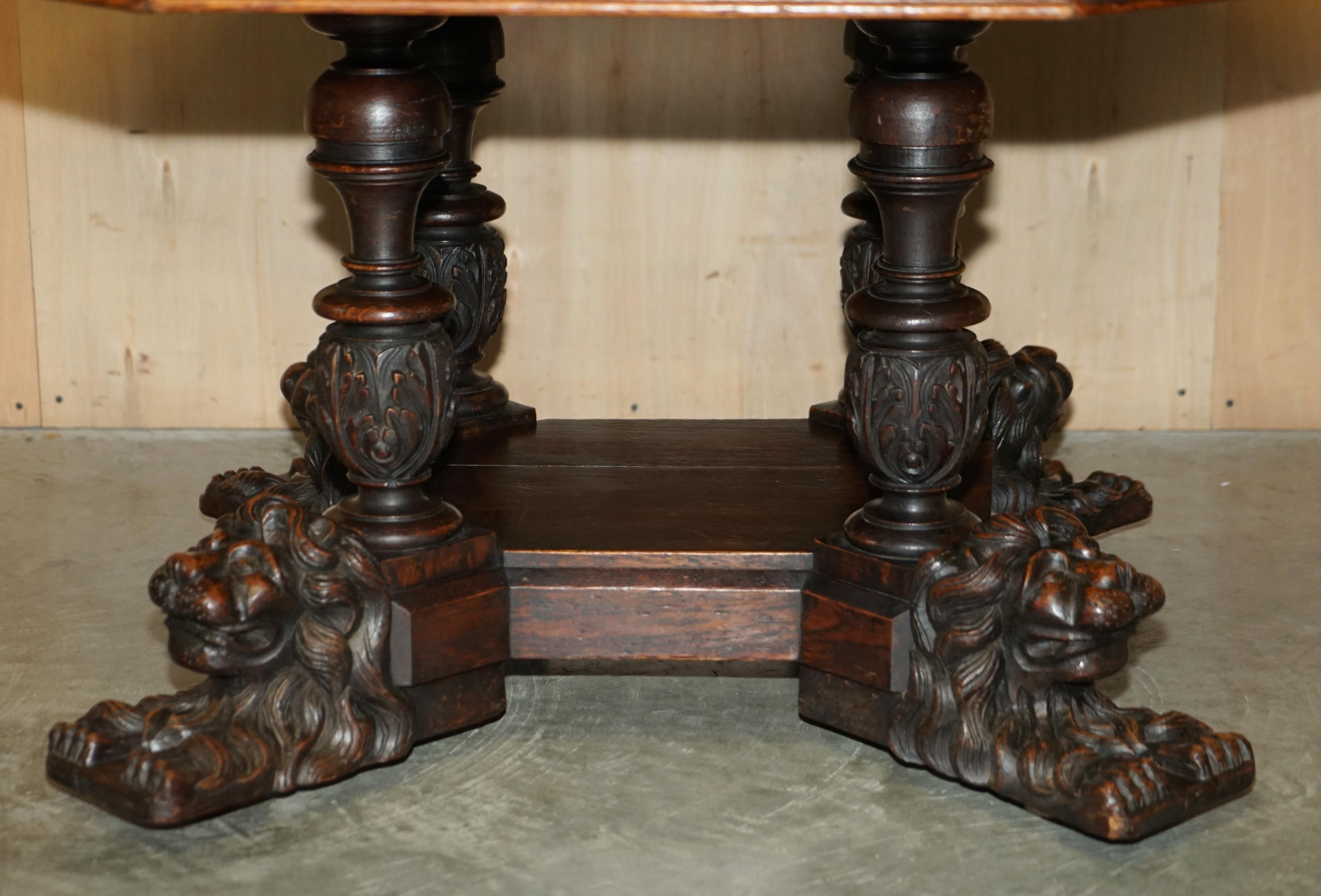 Oak Antique Victorian Gothic Revival Hand Carved Recumbent Lion Library Centre Table For Sale