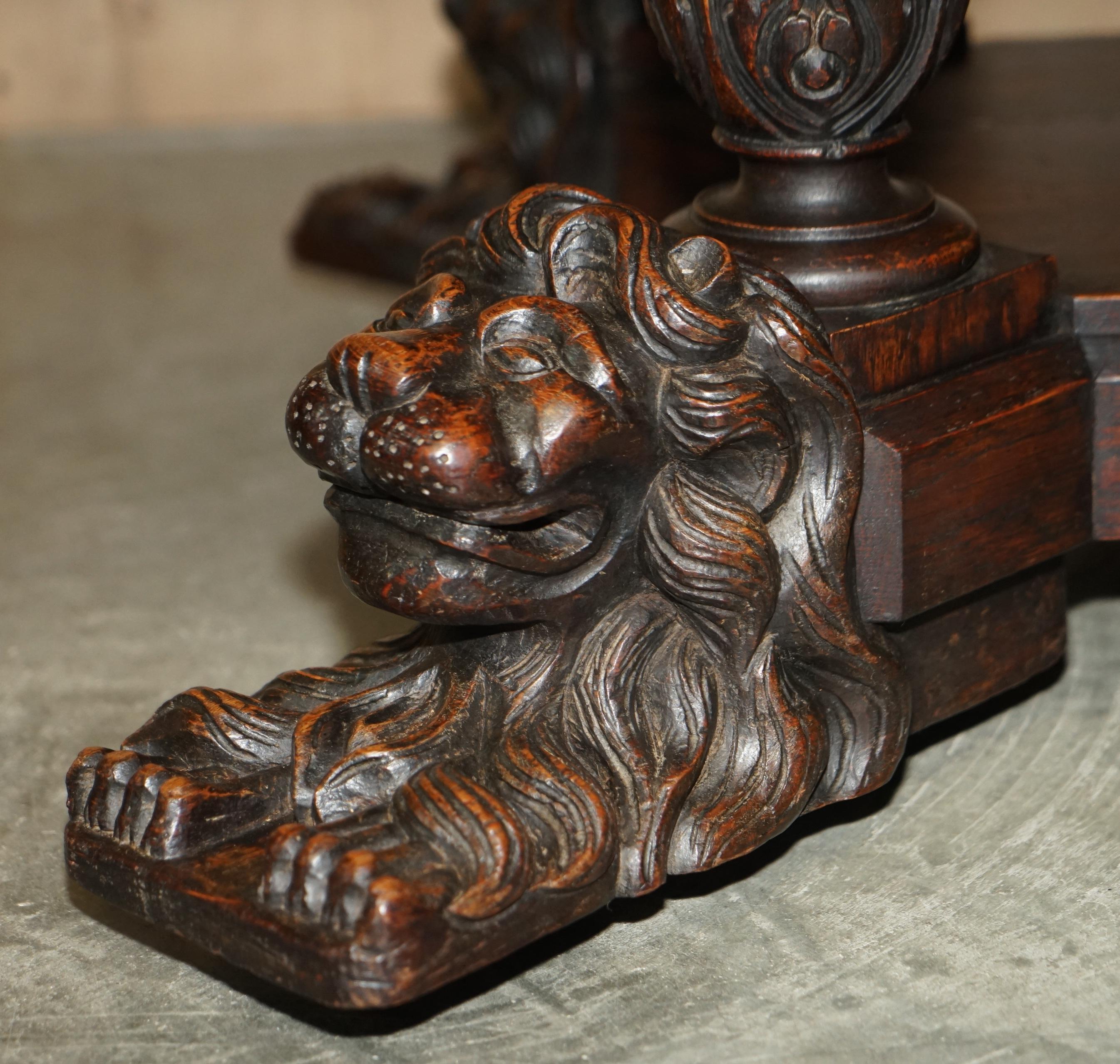 Antique Victorian Gothic Revival Hand Carved Recumbent Lion Library Centre Table For Sale 3