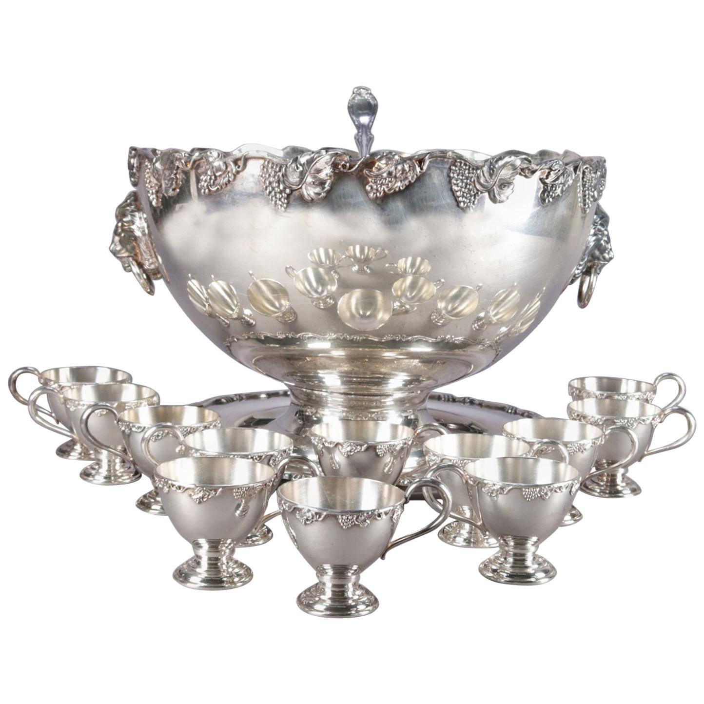 Antique Victorian Grape & Leaf Silverplate Punch Bowl and Cup Set by Oneida