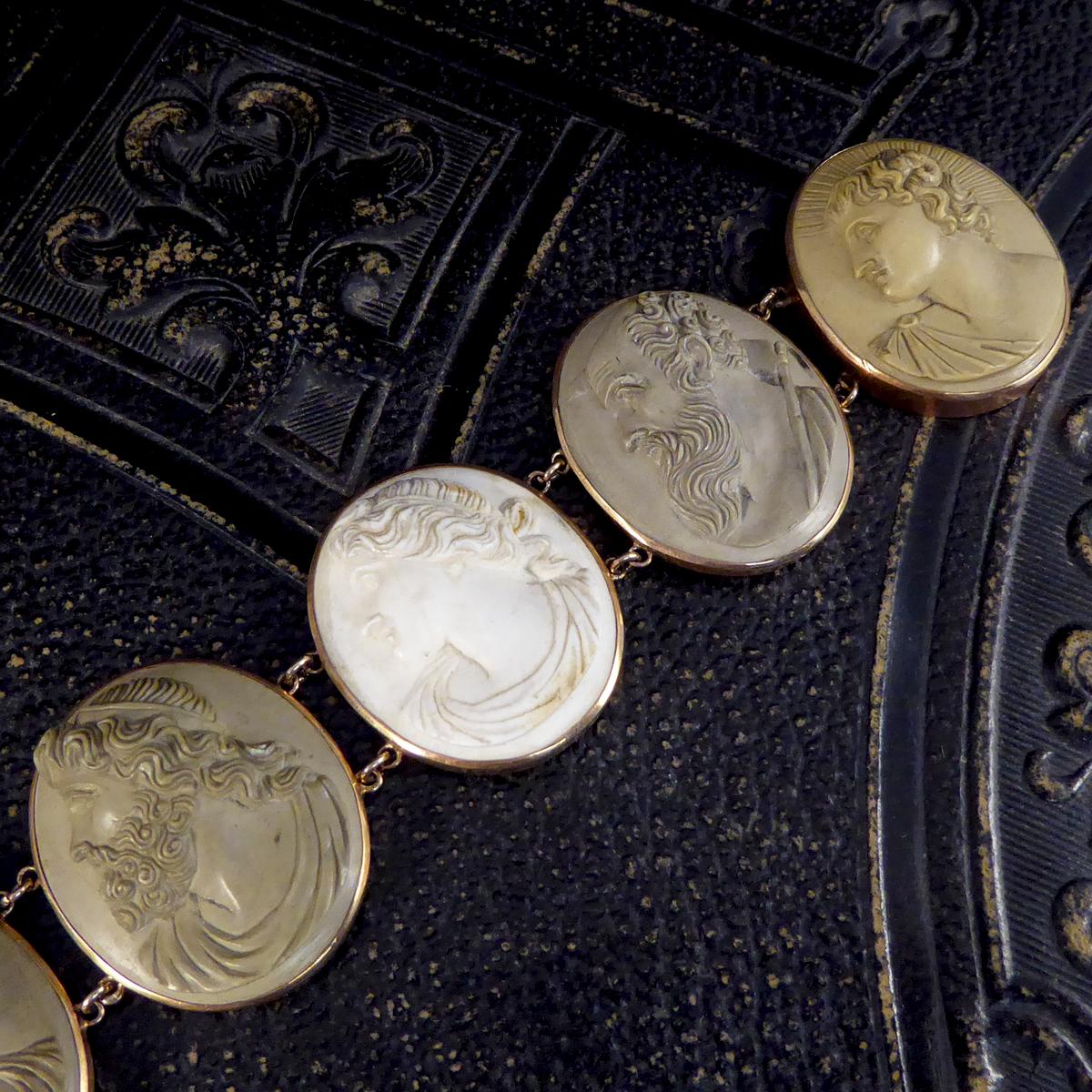 Women's or Men's Antique Victorian Greek God and Goddess Lava Cameo Bracelet in Gold, C1880