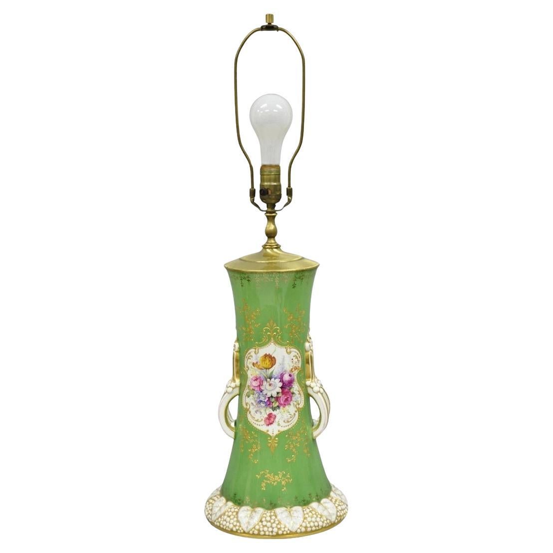Antique Victorian Green Austrian Porcelain Hand Painted Flower French Table Lamp