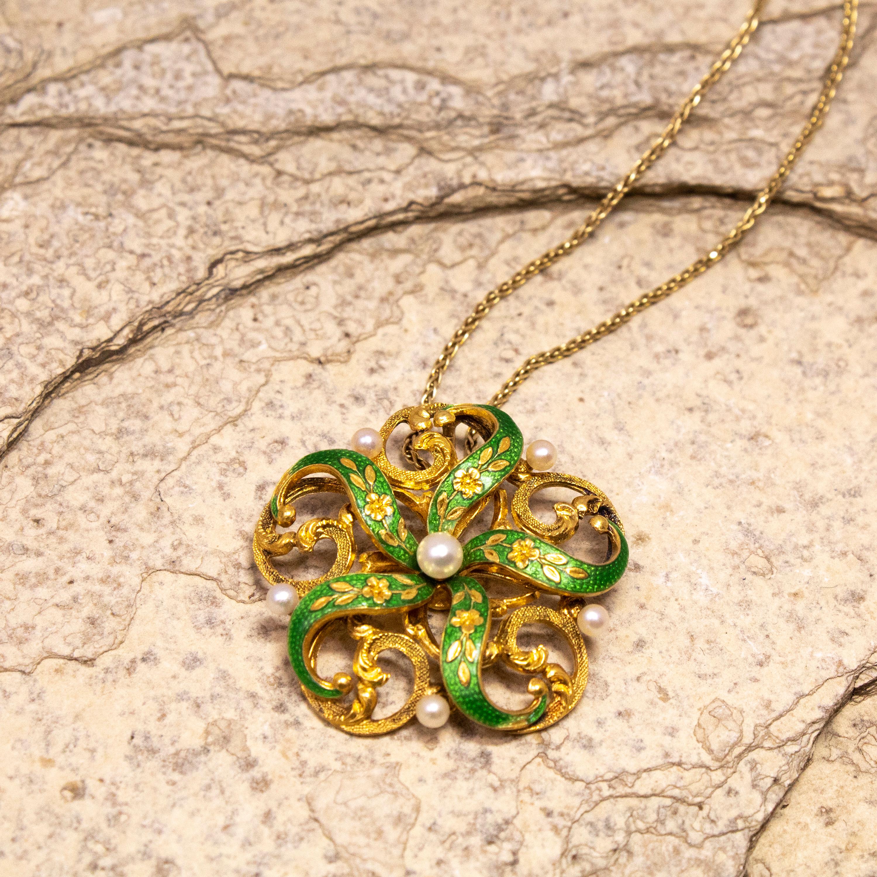 Round Cut Antique Victorian Green Enamel and Seed Pearl 14 Karat Pendant