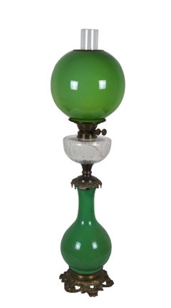 Antique Victorian Green Glass GWTW Parlor Banquet Hurricane Oil Lantern Lamp 31"