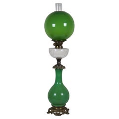 Antique Victorian Green Glass GWTW Parlor Banquet Hurricane Oil Lantern Lamp 31"