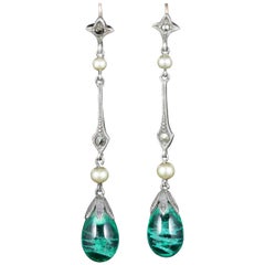 Antique Victorian Green Glass Pearl Earrings Long Silver, circa 1900
