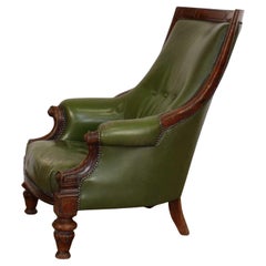 Antique Victorian Green Leather Button Back Armchair Style of Gillows