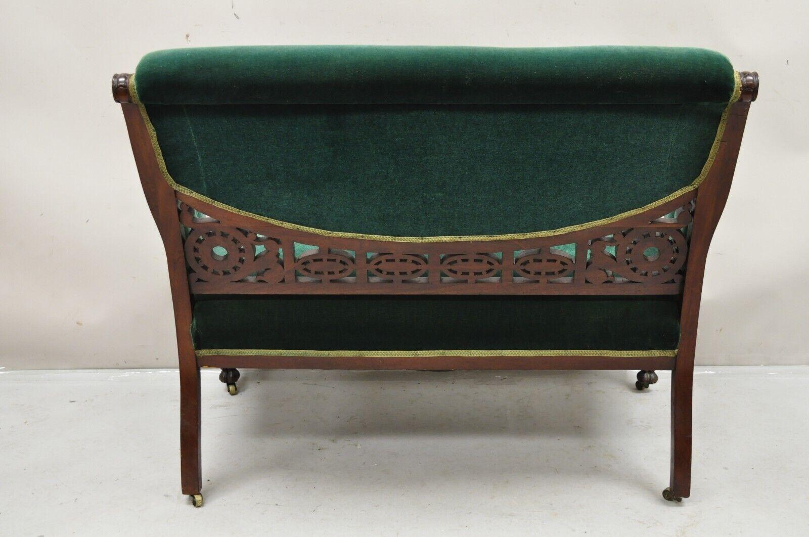 Antique Victorian Green Mohair Fretwork Carved Mahogany Parlor Loveseat Settee 6