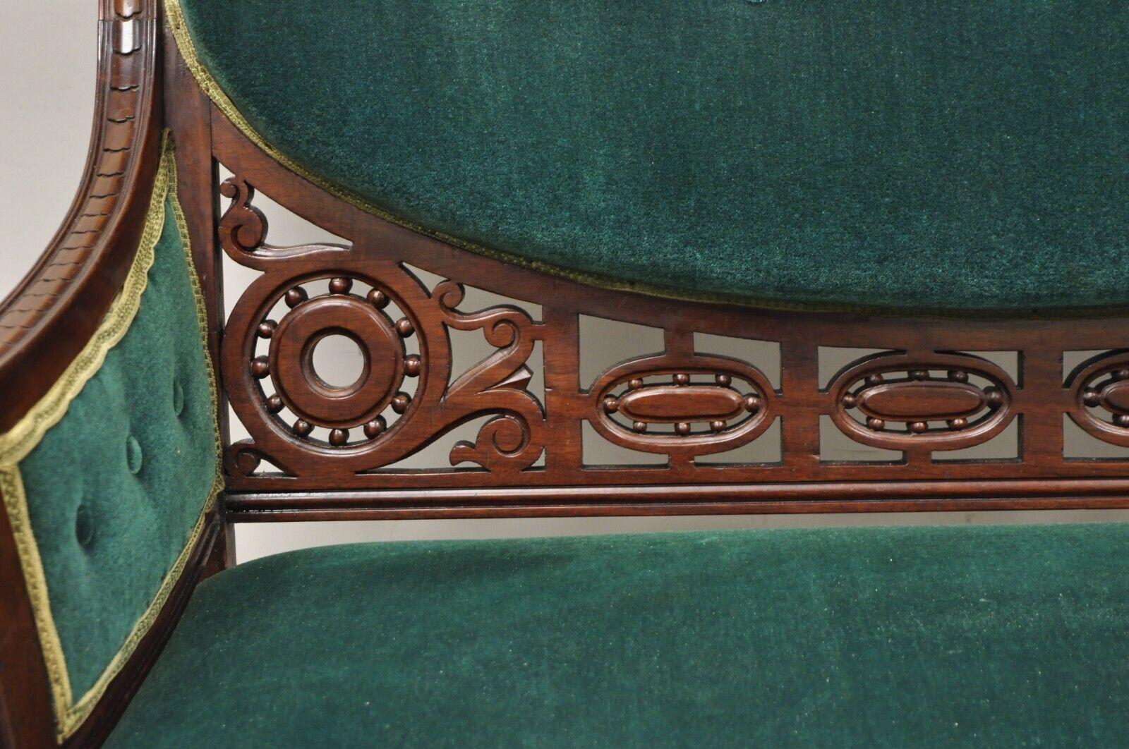 Antique Victorian Green Mohair Fretwork Carved Mahogany Parlor Loveseat Settee 7