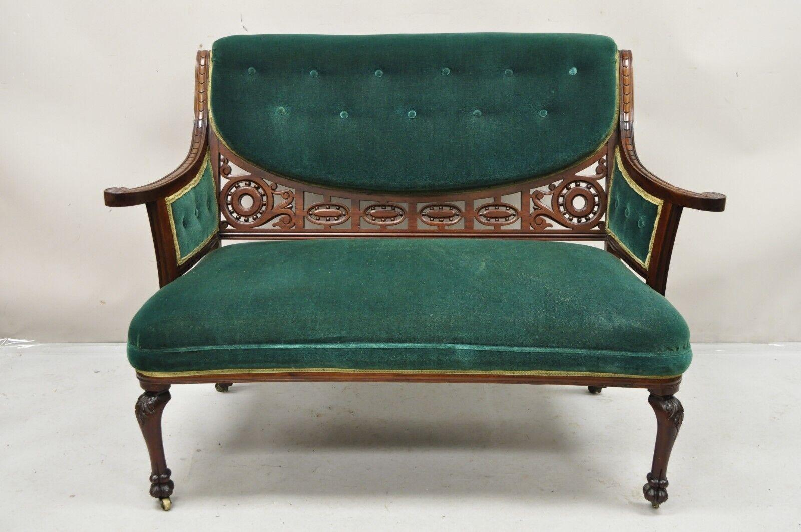 Antique Victorian Green Mohair Fretwork Carved Mahogany Parlor Loveseat Settee 8