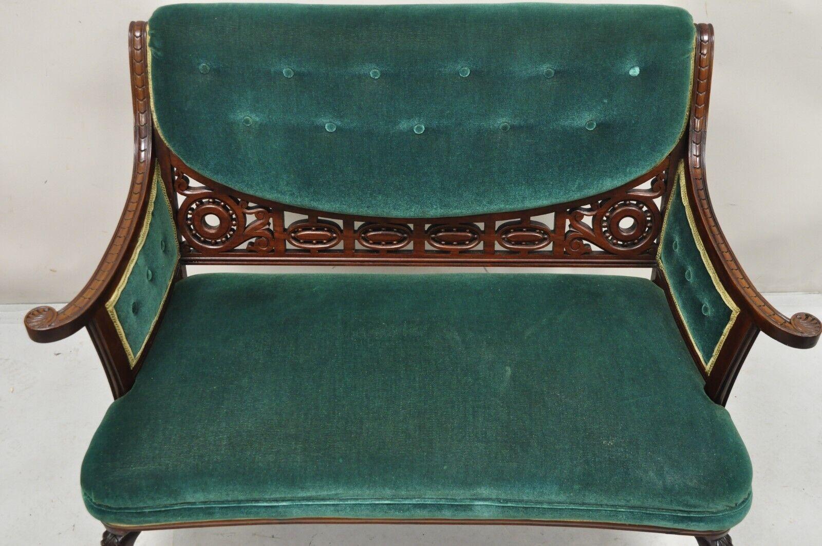 Antique Victorian Green Mohair Fretwork Carved Mahogany Parlor Loveseat Settee In Good Condition In Philadelphia, PA