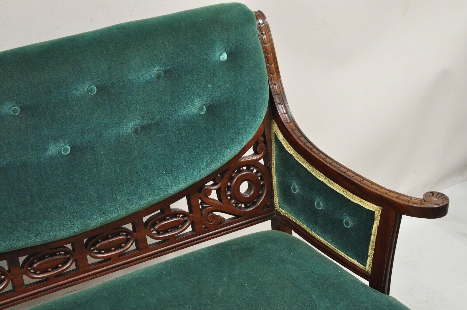Antique Victorian Green Mohair Fretwork Carved Mahogany Parlor Loveseat Settee 1