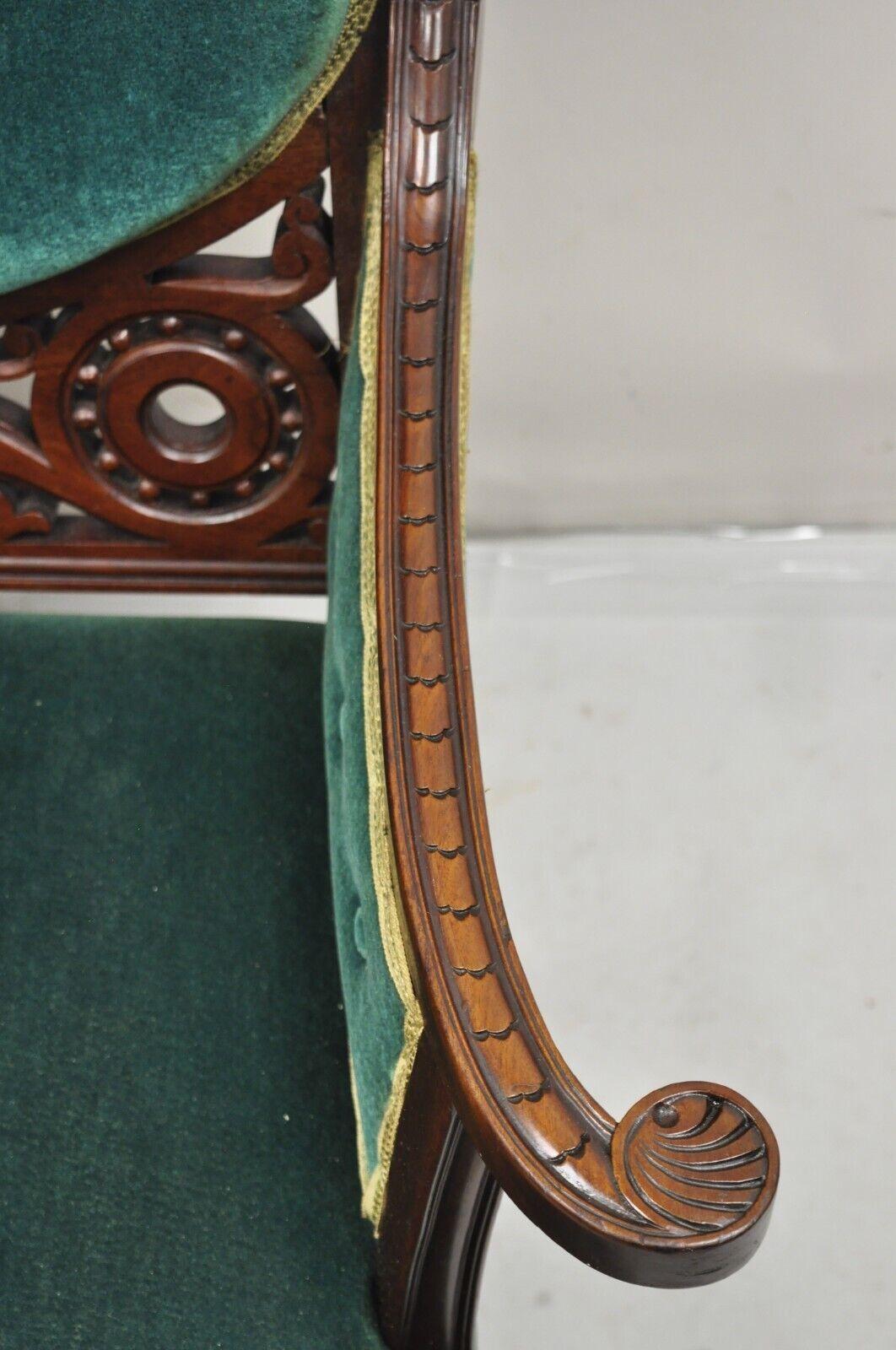 Antique Victorian Green Mohair Fretwork Carved Mahogany Parlor Loveseat Settee 2
