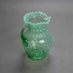 Antique Victorian Green & Opalescent Glass Pitcher with Ruffled Rim C1900