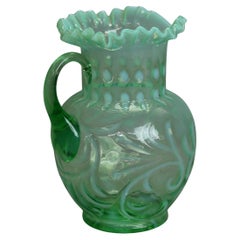 Antique Victorian Green & Opalescent Glass Pitcher with Ruffled Rim C1900