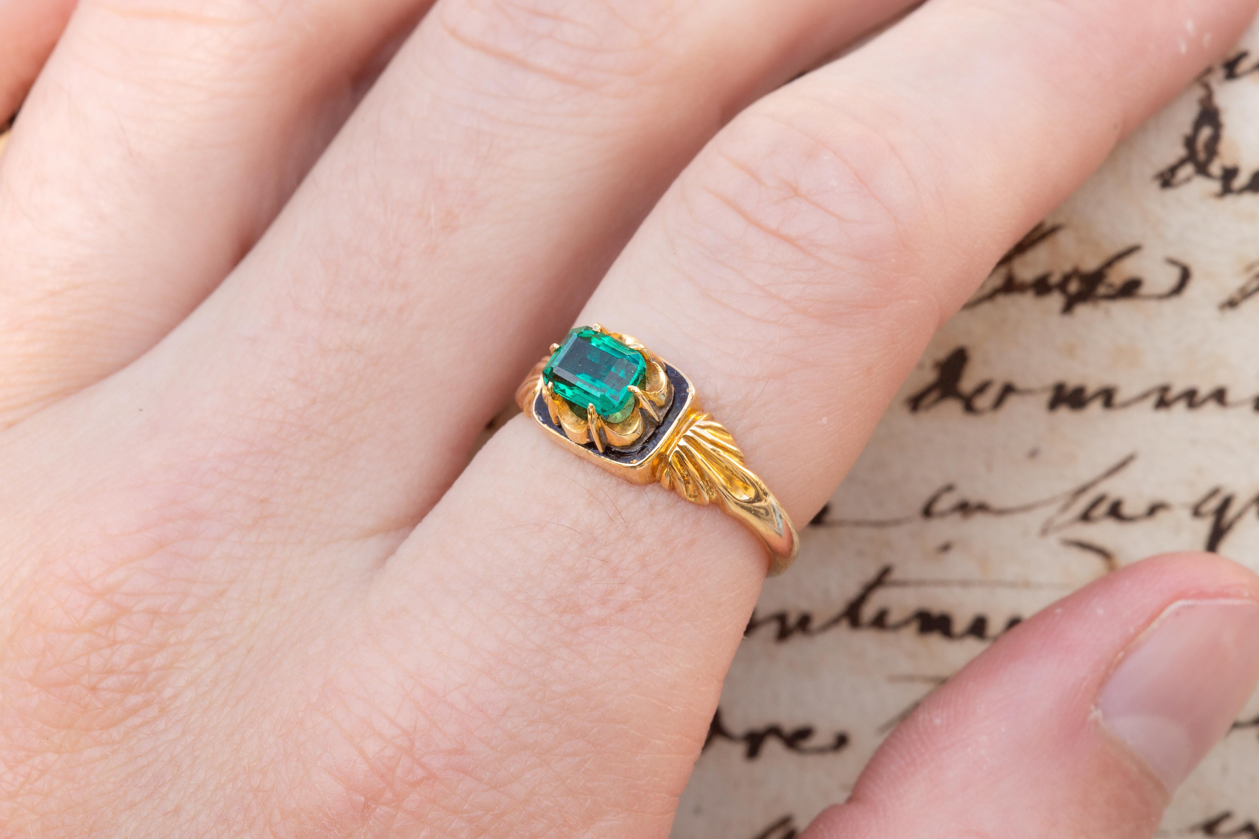 Antique Victorian Green Paste Black Enamel 18k Gold Ring Unusual 19th Century For Sale 9