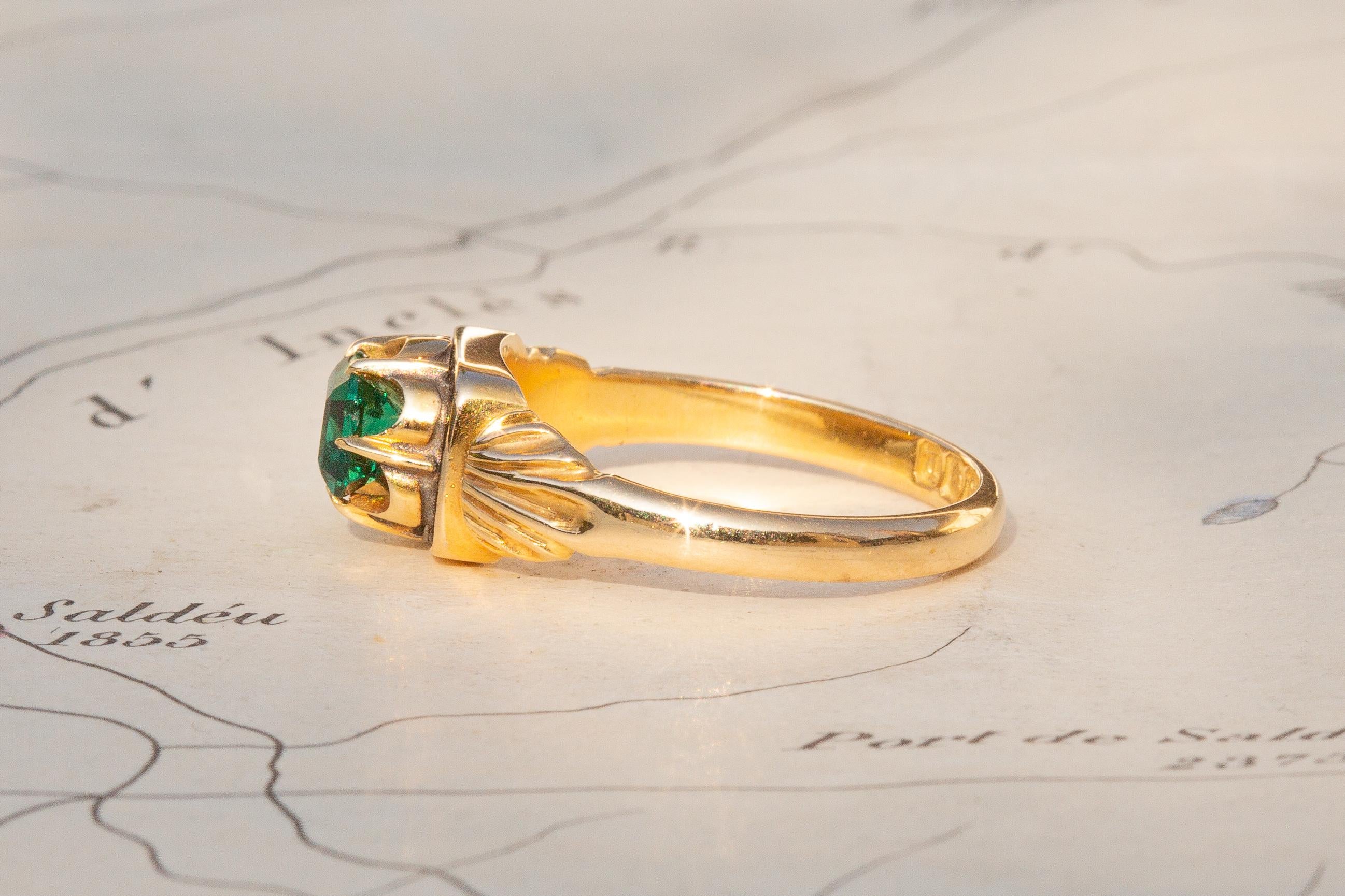 Women's or Men's Antique Victorian Green Paste Black Enamel 18k Gold Ring Unusual 19th Century For Sale