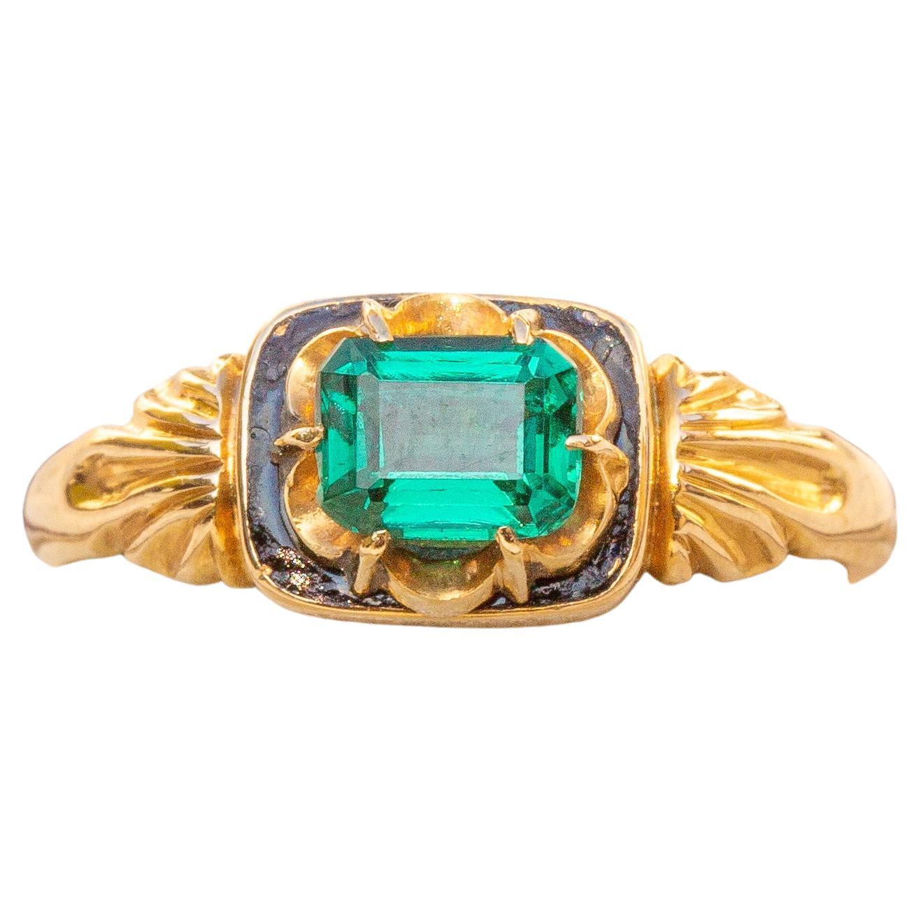 Antique Victorian Green Paste Black Enamel 18k Gold Ring Unusual 19th Century
