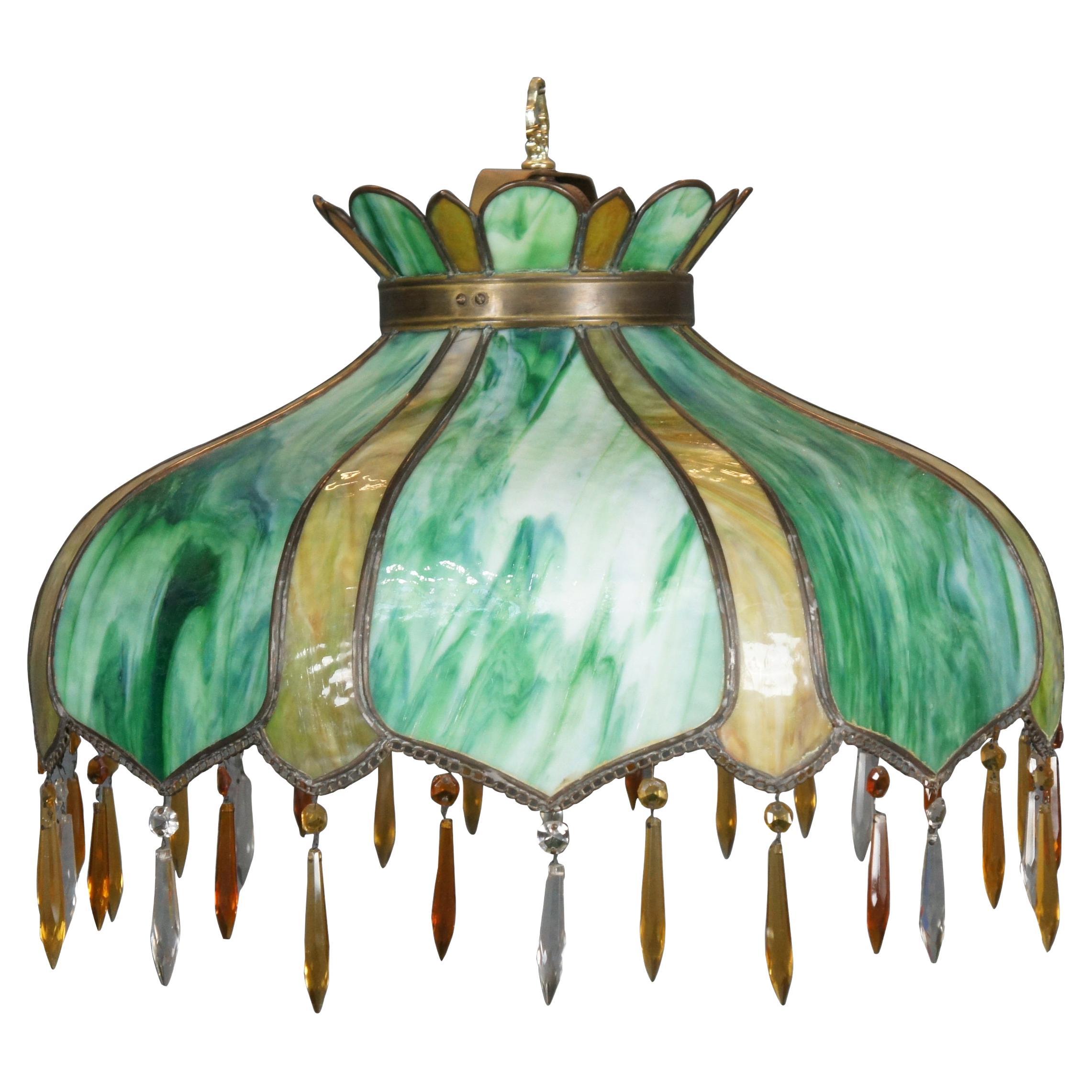 Antique Victorian Green Slag Glass Drop Crystal Swag Light Chandelier Shade 24"