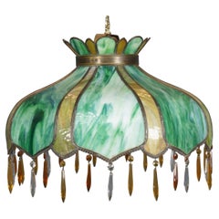 Antique Victorian Green Slag Glass Drop Crystal Swag Light Chandelier Shade 24"