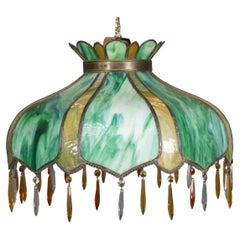 Antigua lámpara de araña victoriana con pantalla de cristal de escoria verde de 24"