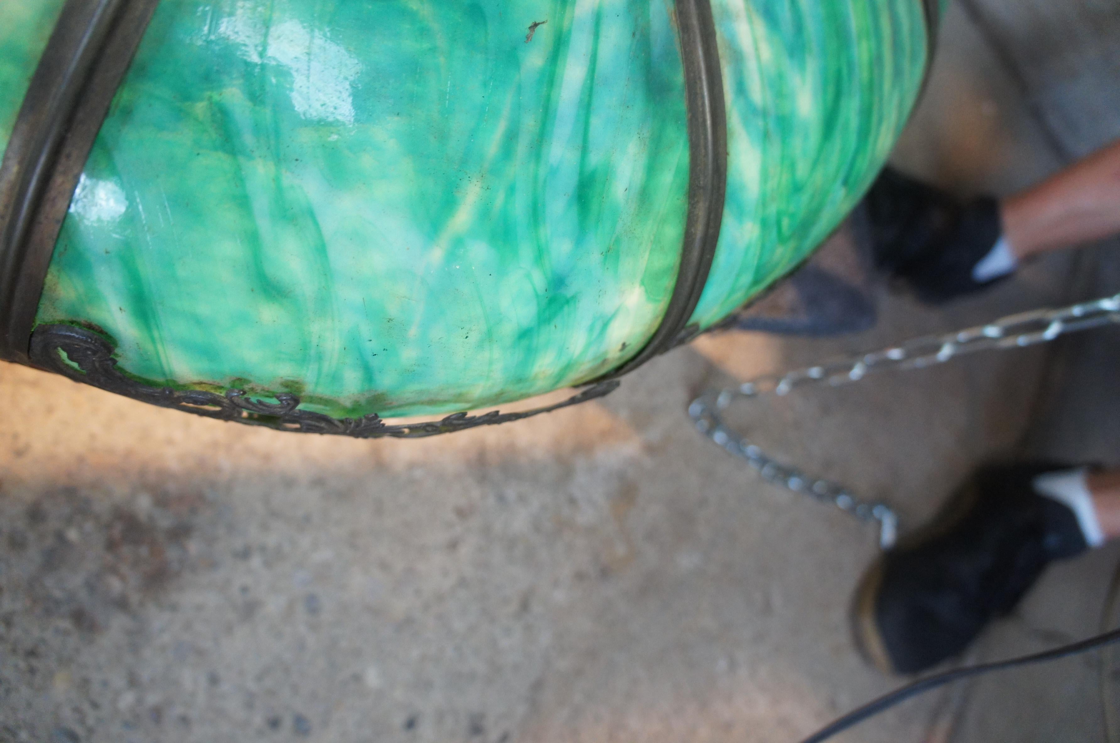 Antique Victorian Green Slag Glass Swag Light Chandelier Lamp Shade 4