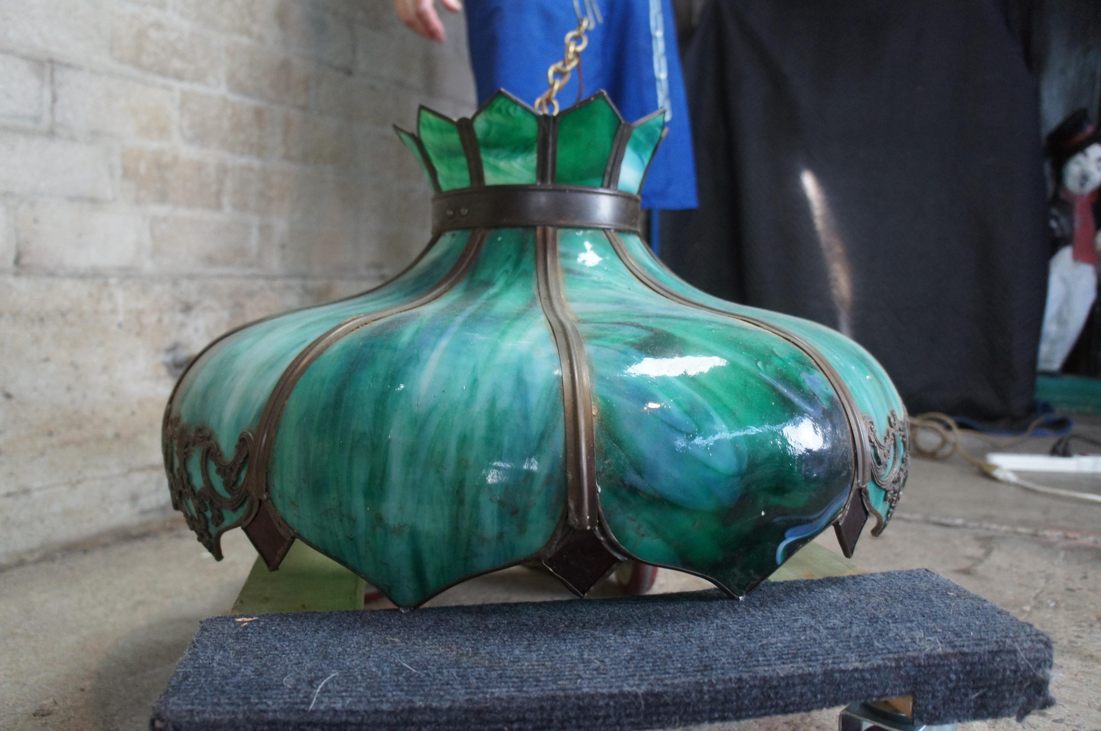 Antique Victorian Green Slag Glass Swag Light Chandelier Lamp Shade 5