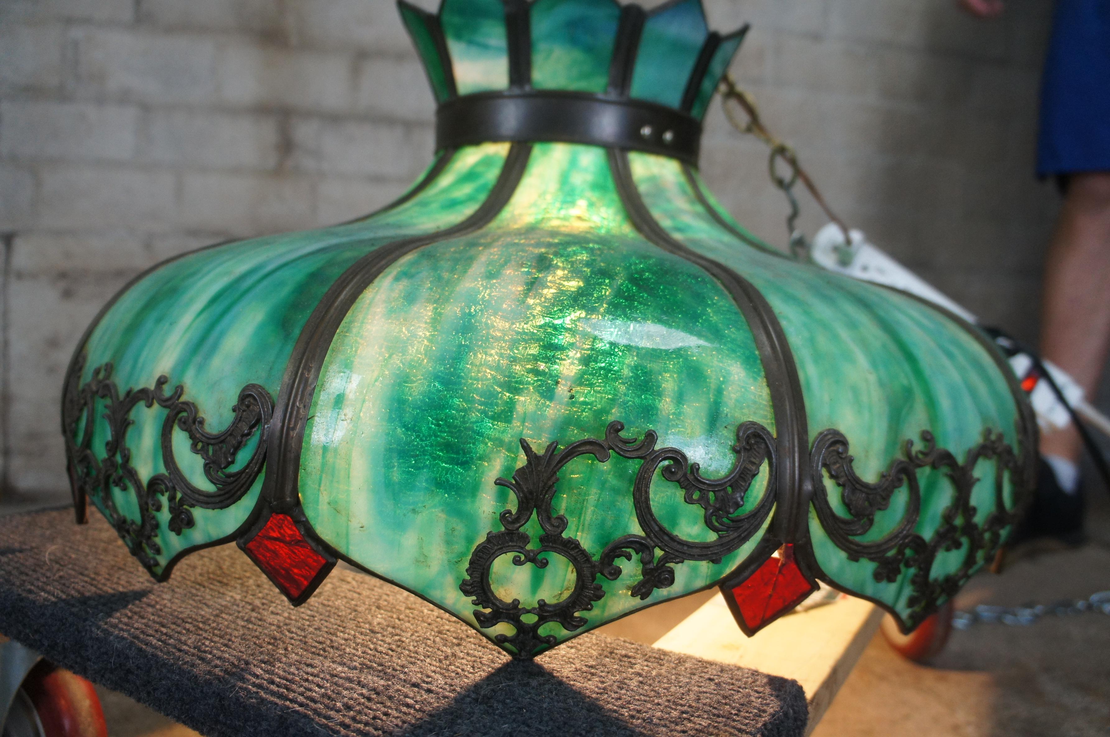 19th Century Antique Victorian Green Slag Glass Swag Light Chandelier Lamp Shade