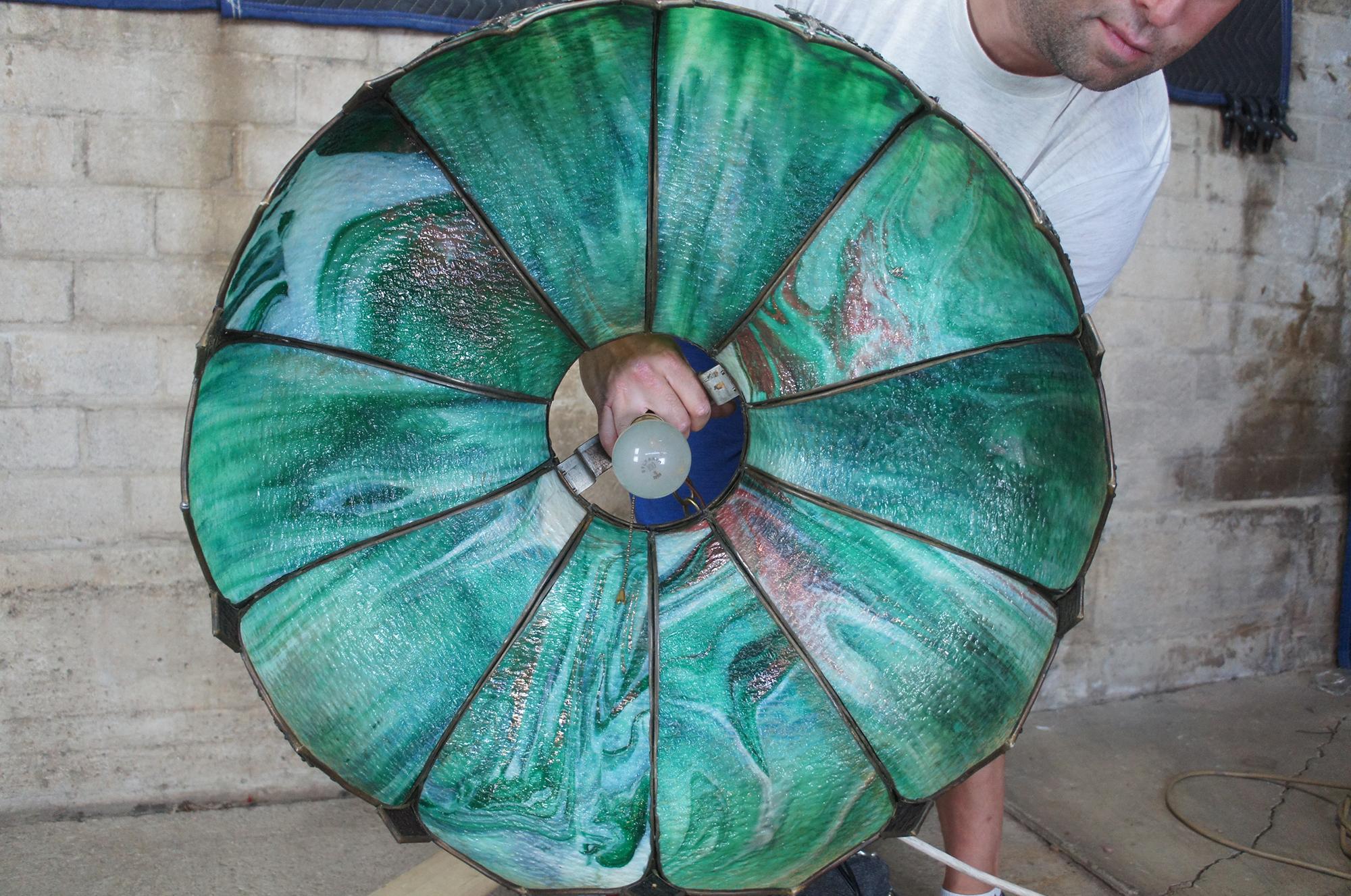 Antique Victorian Green Slag Glass Swag Light Chandelier Lamp Shade 1