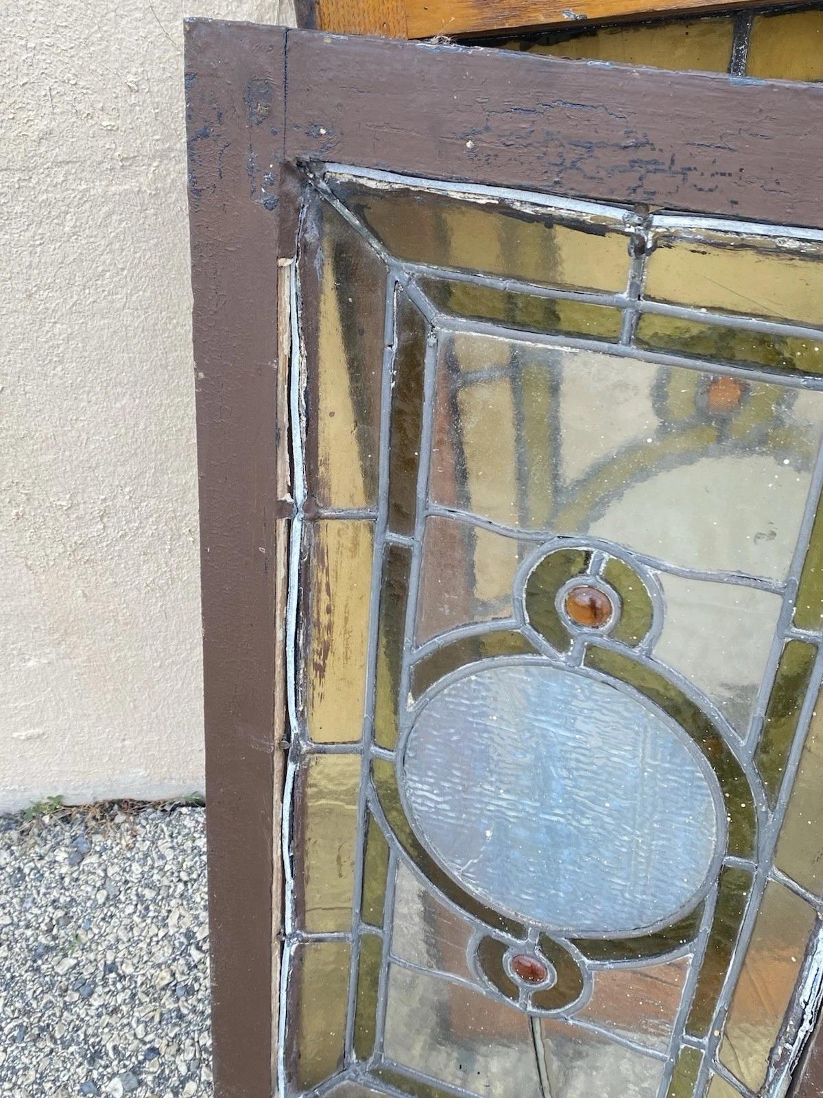 Antike viktorianische grün Stained glass Fenster Orange Jewell in Holzrahmen Set von 3 im Angebot 3