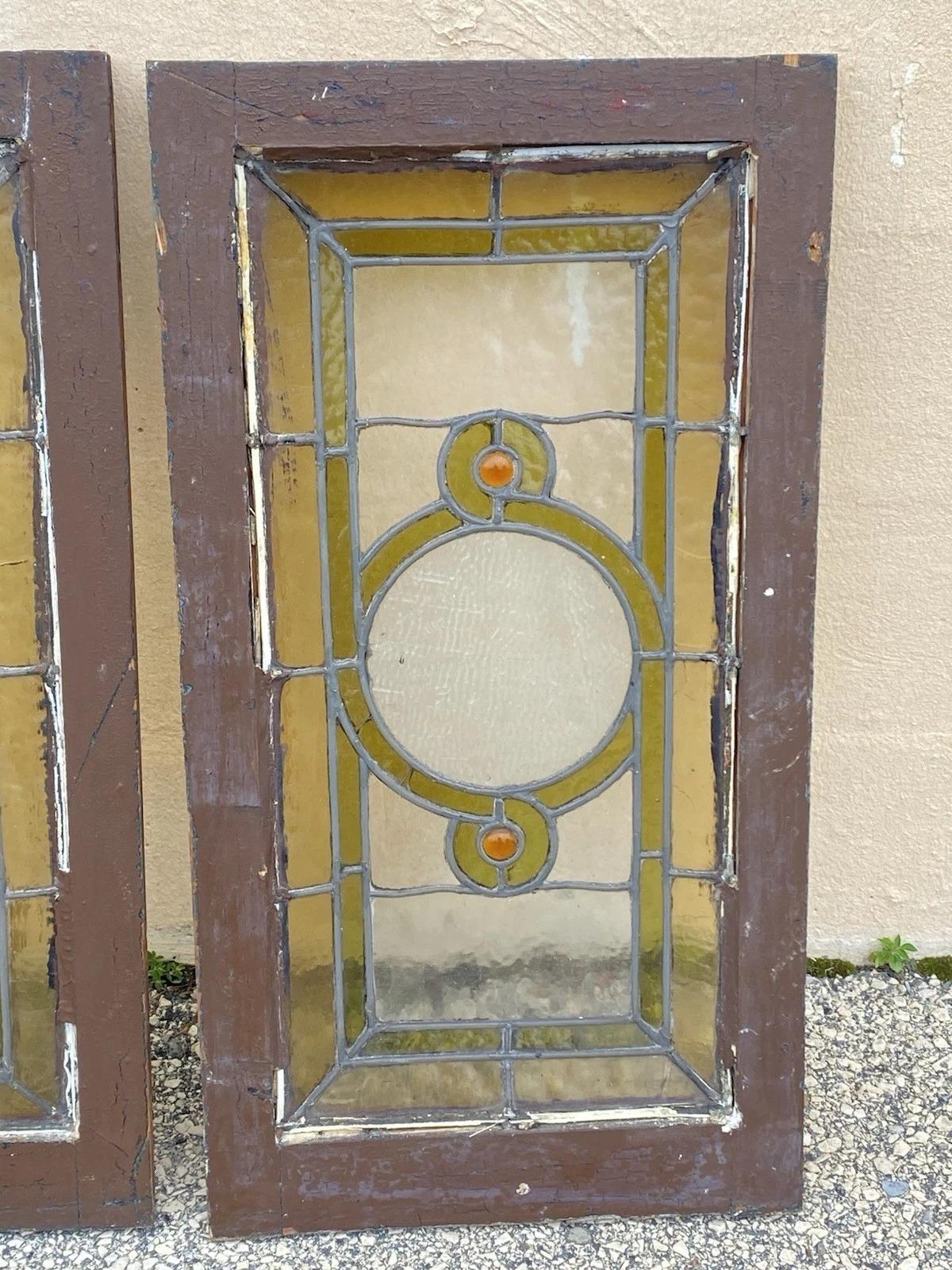 Antike viktorianische grün Stained glass Fenster Orange Jewell in Holzrahmen Set von 3 im Angebot 4