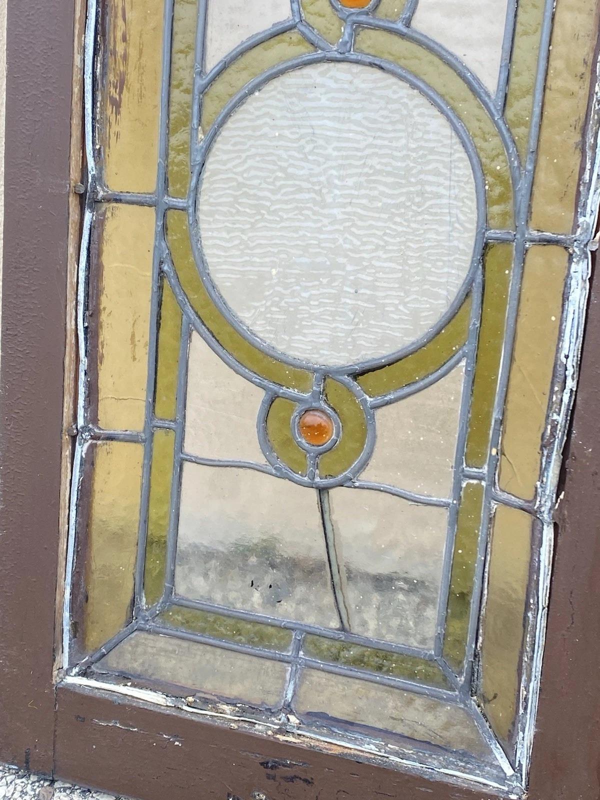 Antike viktorianische grün Stained glass Fenster Orange Jewell in Holzrahmen Set von 3 im Angebot 6