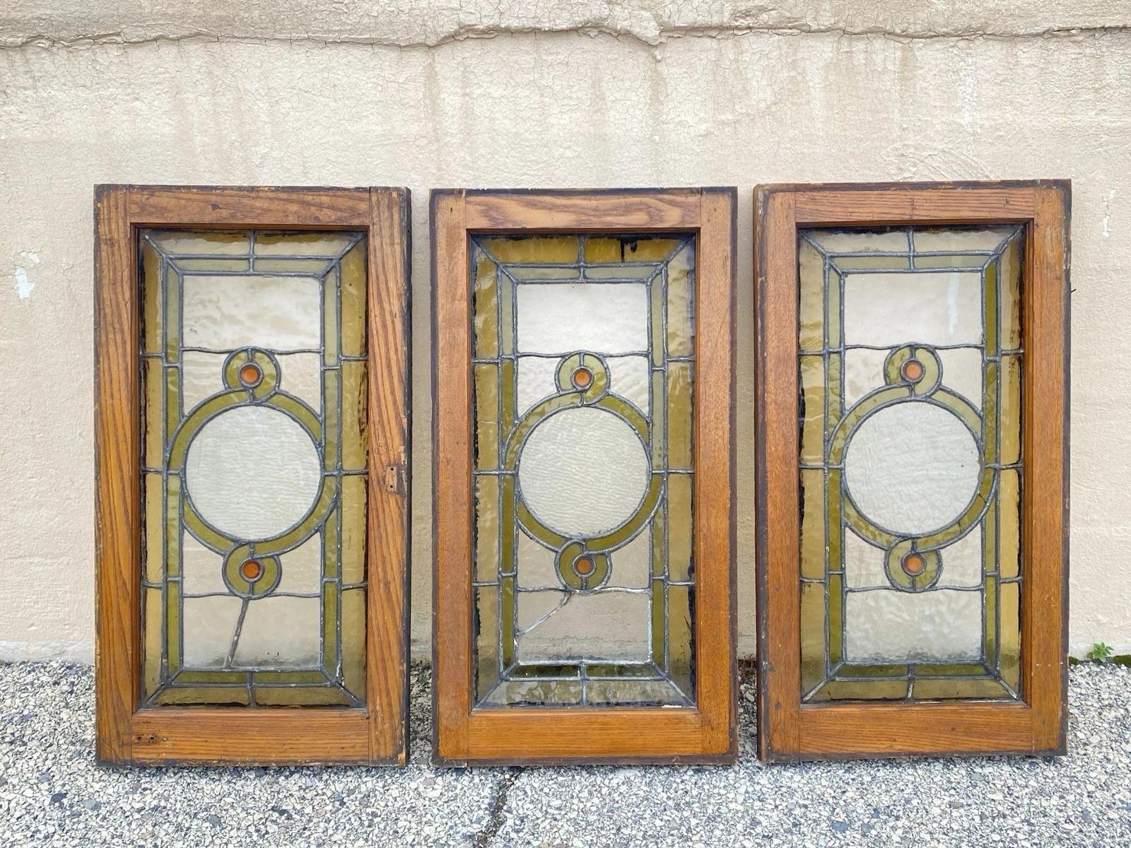 Antike viktorianische grün Stained glass Fenster Orange Jewell in Holzrahmen Set von 3 im Angebot 7