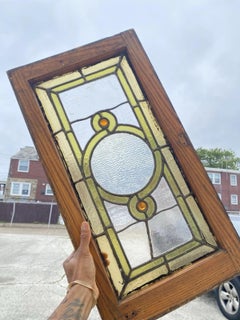 Antike viktorianische grün Stained glass Fenster Orange Jewell in Holzrahmen Set von 3