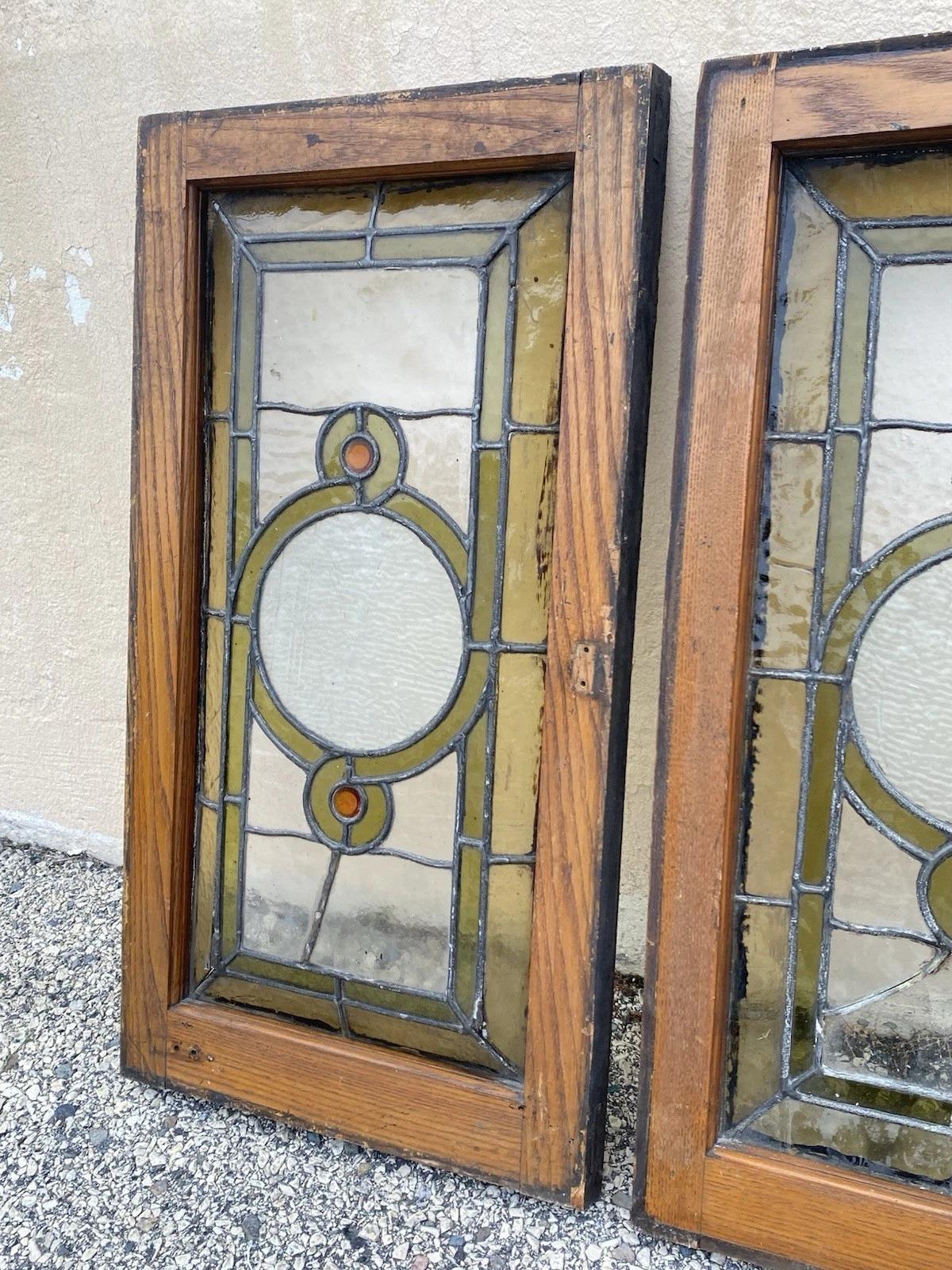 Antike viktorianische grün Stained glass Fenster Orange Jewell in Holzrahmen Set von 3 (Viktorianisch) im Angebot