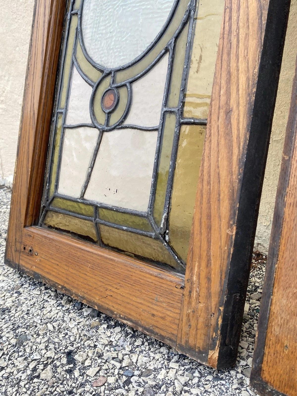Antike viktorianische grün Stained glass Fenster Orange Jewell in Holzrahmen Set von 3 (20. Jahrhundert) im Angebot
