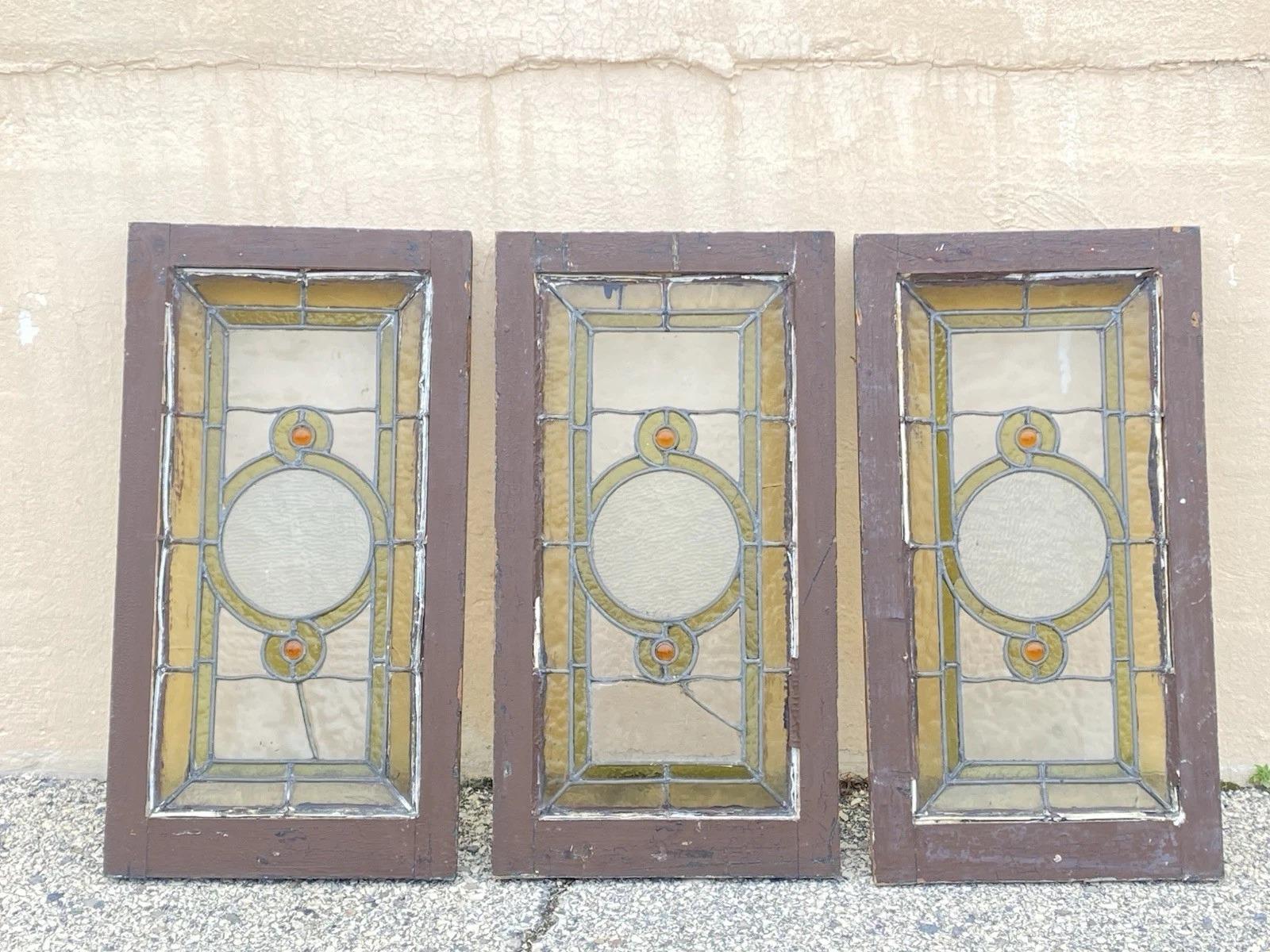 Antike viktorianische grün Stained glass Fenster Orange Jewell in Holzrahmen Set von 3 (Glas) im Angebot