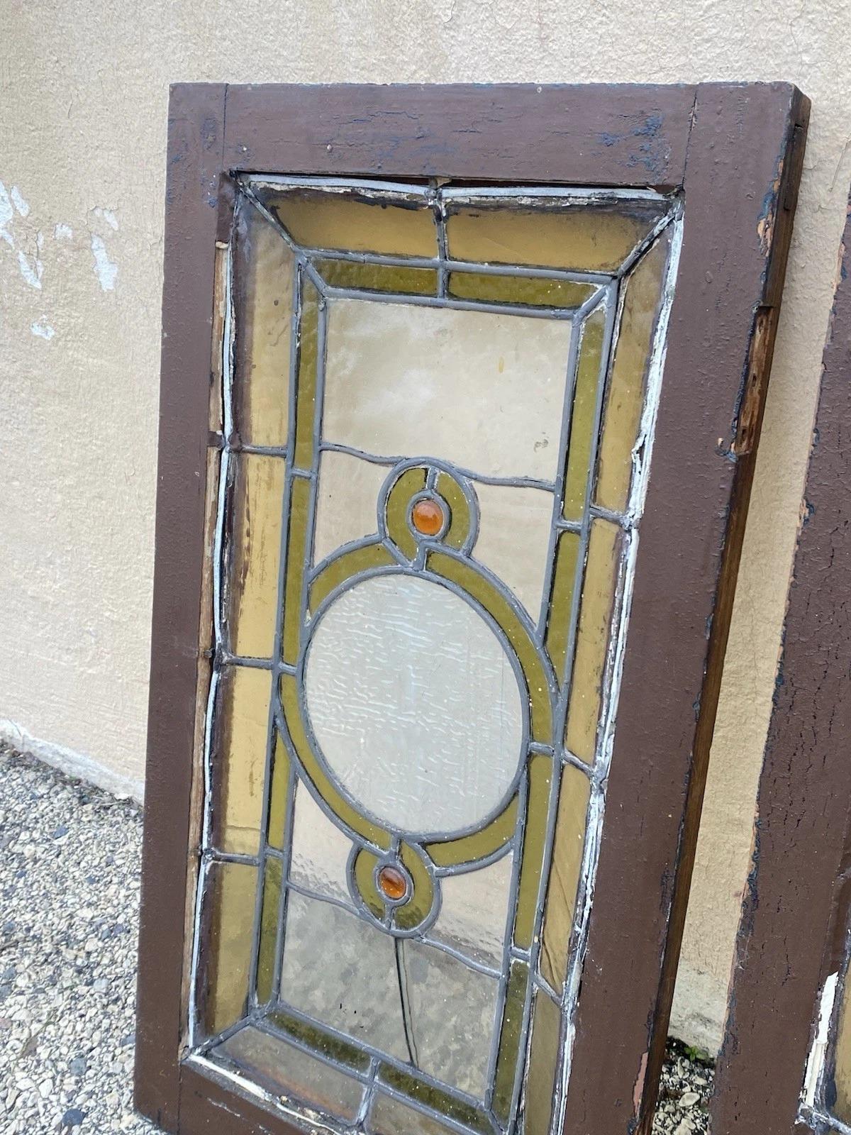 Antike viktorianische grün Stained glass Fenster Orange Jewell in Holzrahmen Set von 3 im Angebot 2