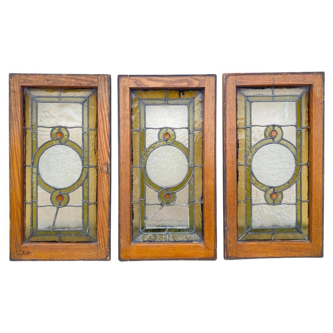 Antike viktorianische grün Stained glass Fenster Orange Jewell in Holzrahmen Set von 3 im Angebot