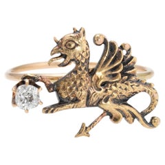 Antique Victorian Griffin Conversion Ring 14k Yellow Gold Dragon Jewelry